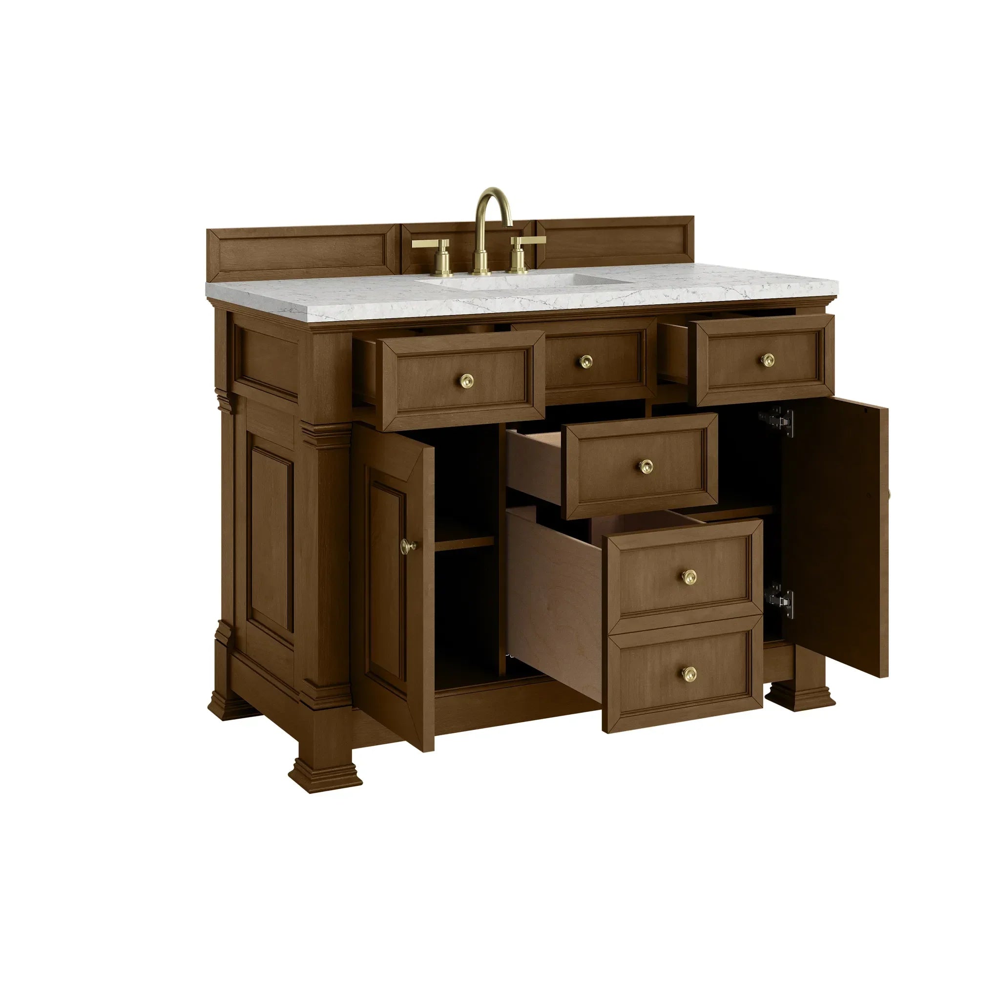 48" Brookfield Single Vanity in Honey Oak Wireless Charger-Eternal Jasmine Pearl Silestone-8" Widespread image 9