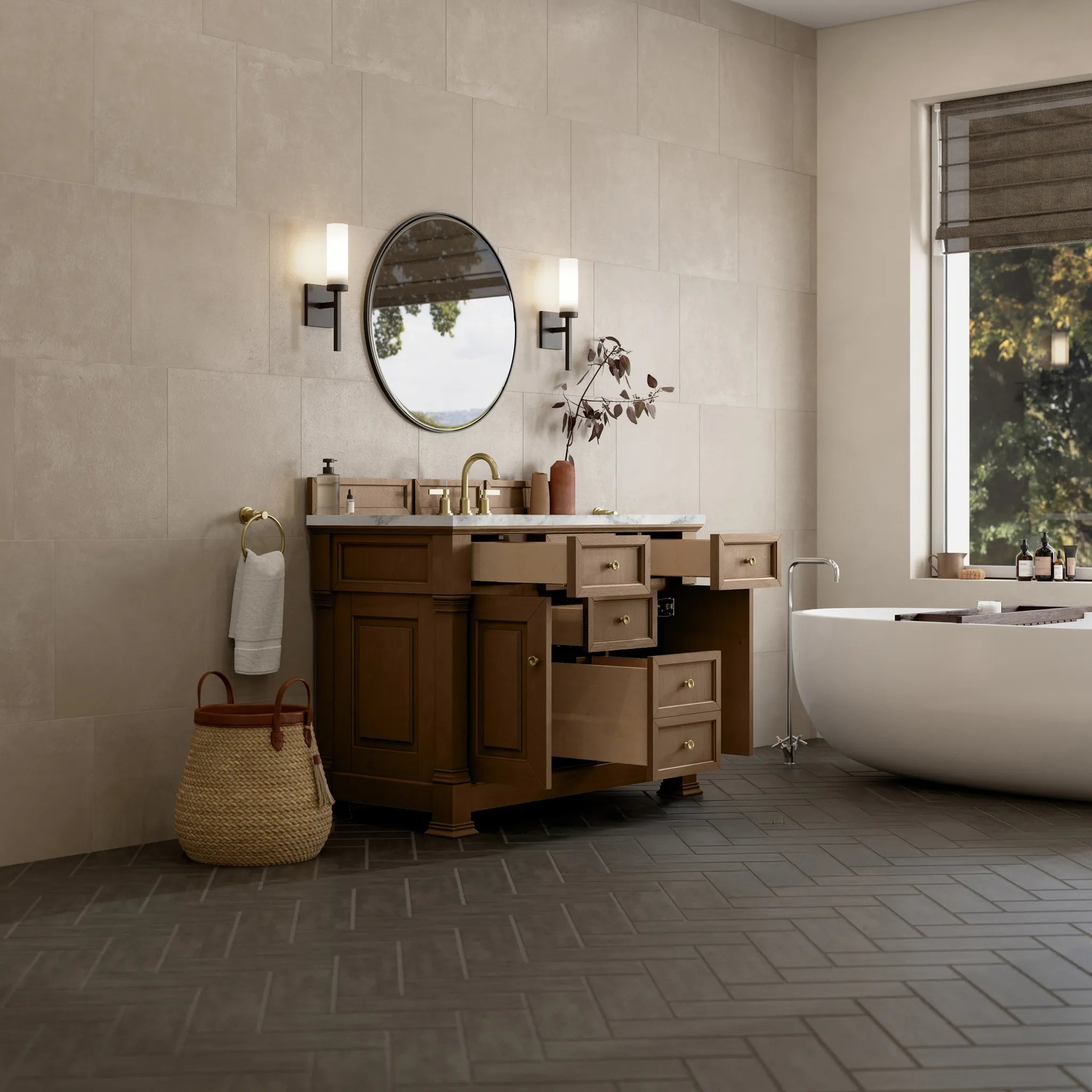 48" Brookfield Single Vanity in Pecan-Carrara White Marble-8" Widespread image 4