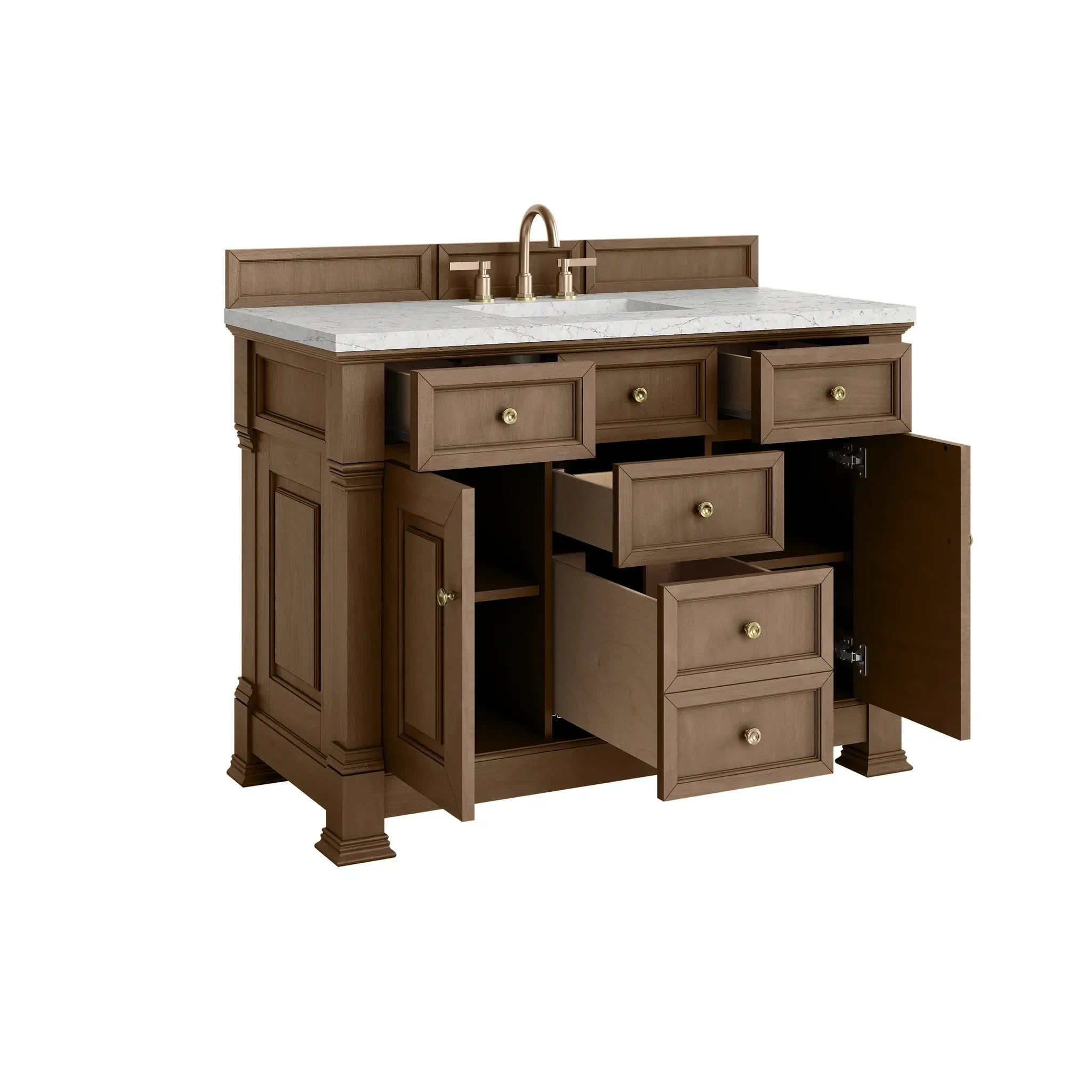 48" Brookfield Single Vanity in Pecan w/FreePower Wireless Charger-Eternal Jasmine Pearl Silestone-8" Widespread image 9