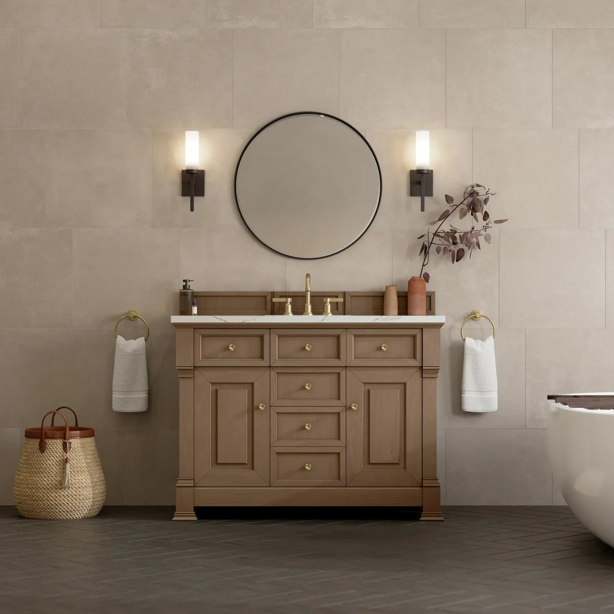48" Brookfield Single Vanity in Pecan w/FreePower Wireless Charger-Ethereal Noctis Silestone-8" Widespread image 4