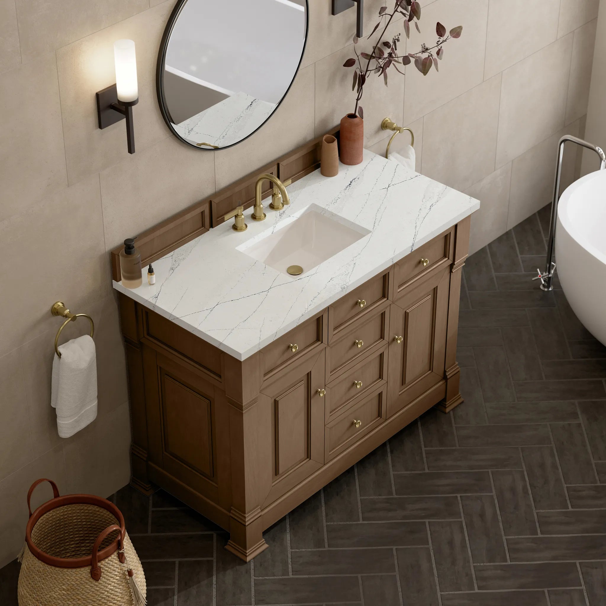 48" Brookfield Single Vanity in Pecan w/FreePower Wireless Charger-Ethereal Noctis Silestone-8" Widespread image 8