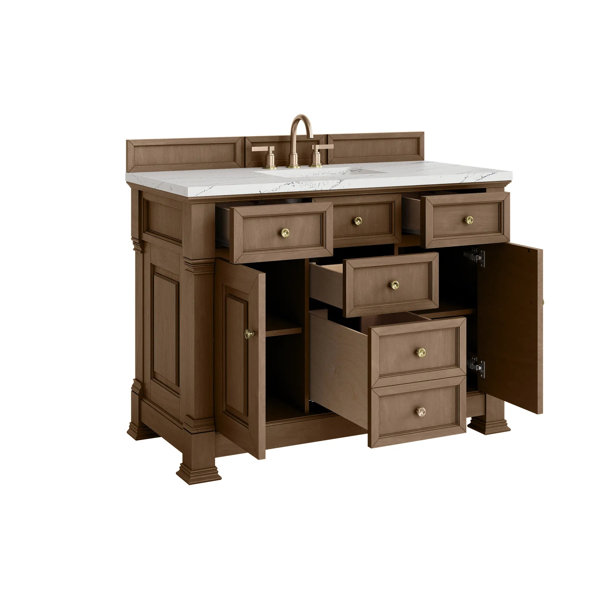 48" Brookfield Single Vanity in Pecan w/FreePower Wireless Charger-Ethereal Noctis Silestone-8" Widespread image 9