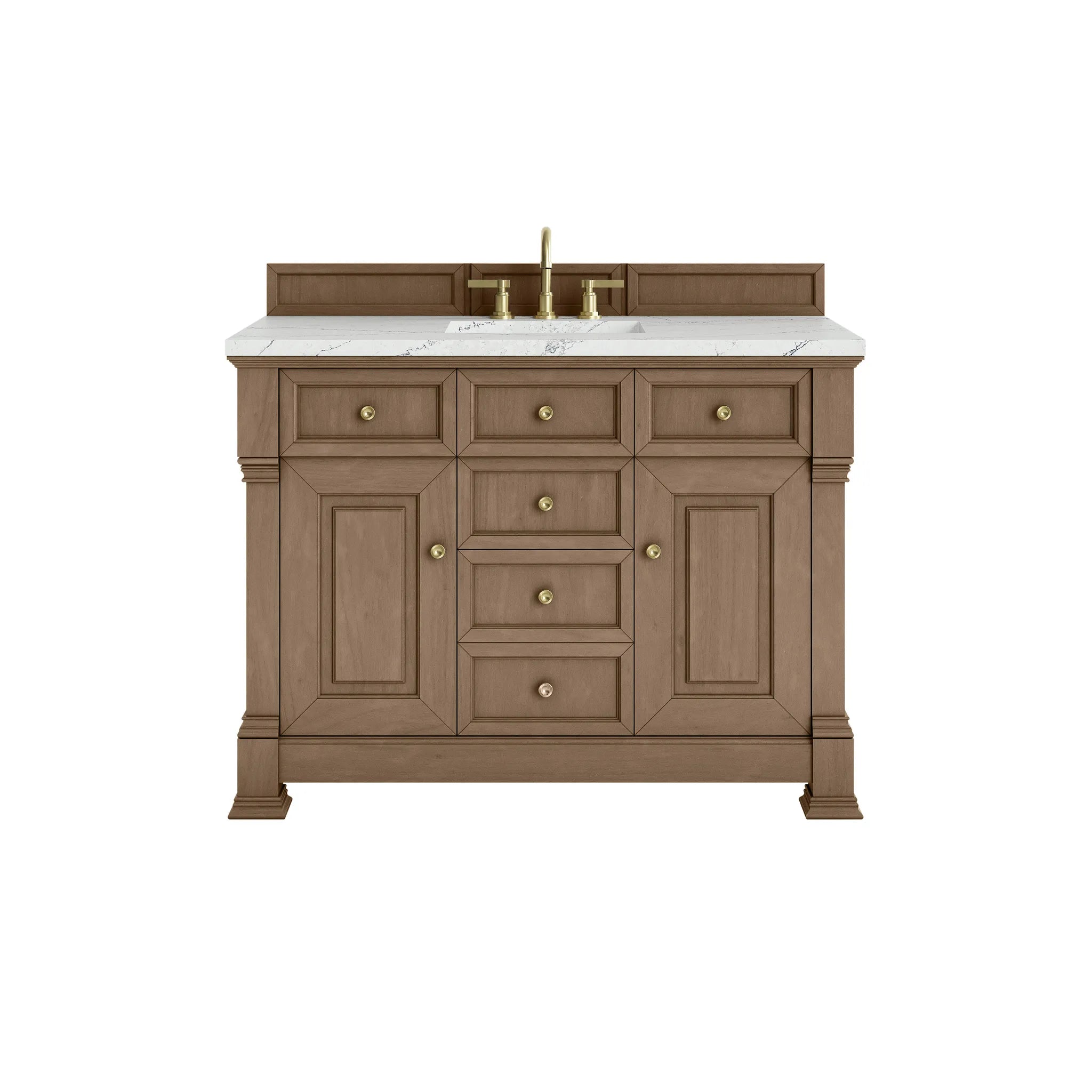 48" Brookfield Single Vanity in Pecan w/FreePower Wireless Charger-Ethereal Noctis Silestone-8" Widespread image