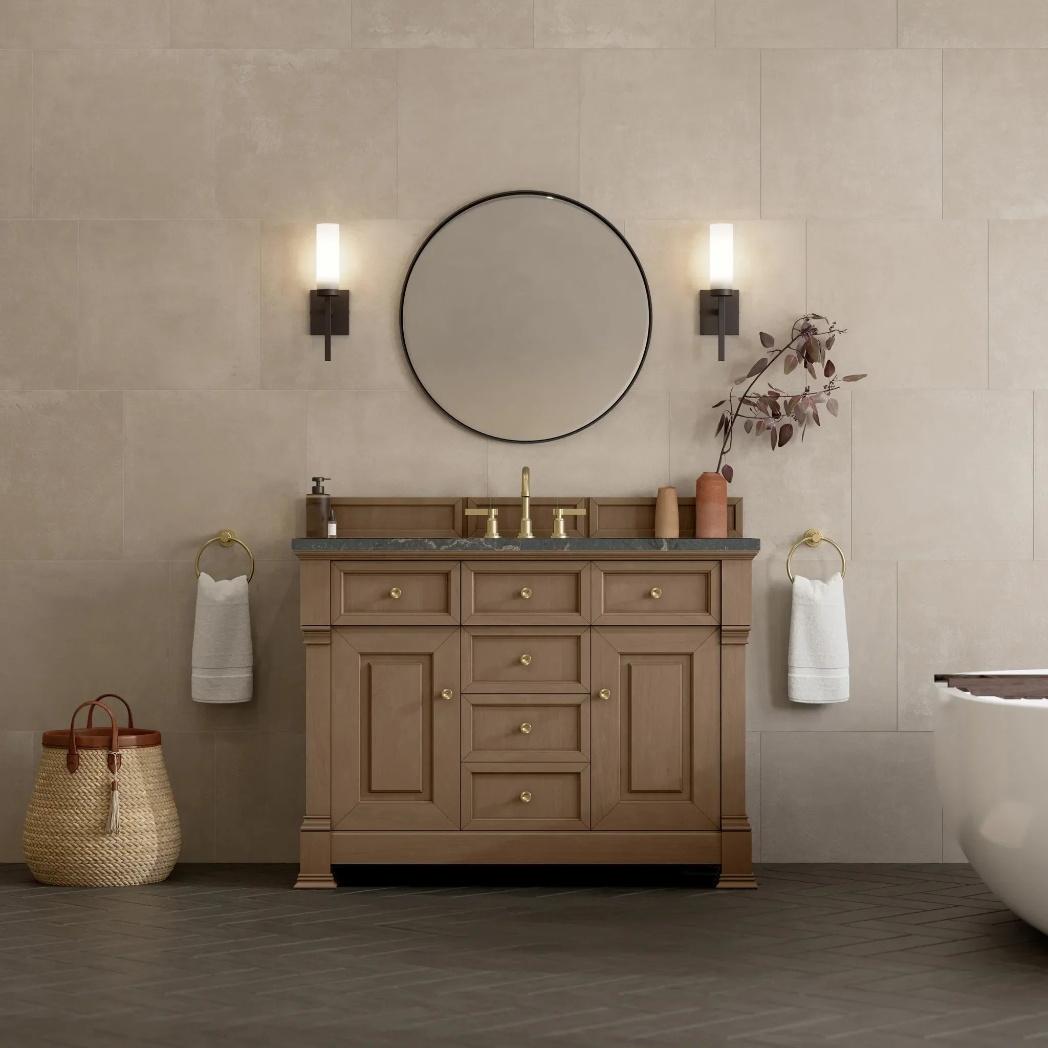 48" Brookfield Single Vanity in Pecan w/FreePower Wireless Charger-Parisien Bleu Silestone-8" Widespread image 4