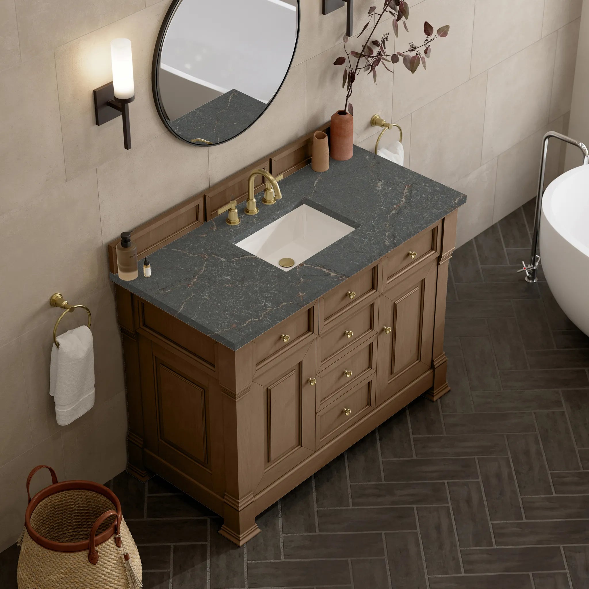 48" Brookfield Single Vanity in Pecan w/FreePower Wireless Charger-Parisien Bleu Silestone-8" Widespread image 8