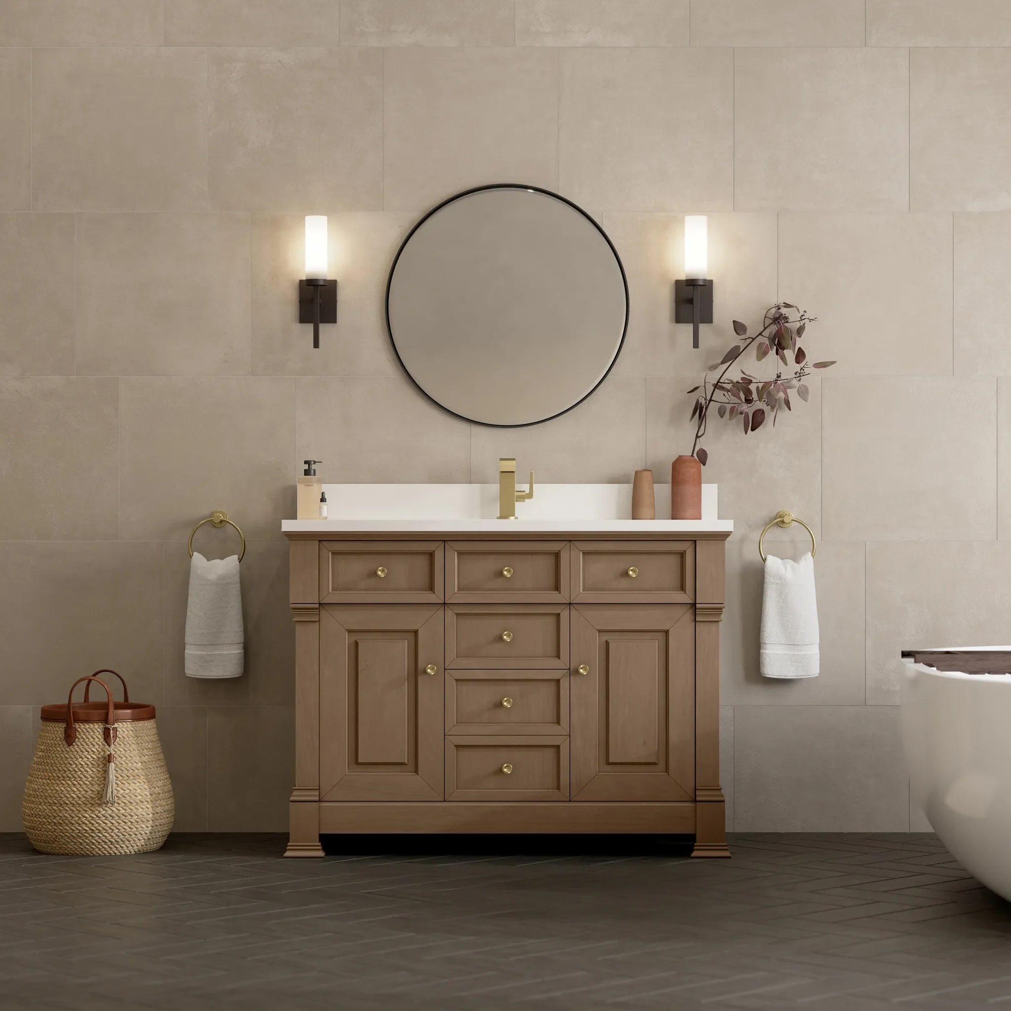 48" Brookfield Single Vanity in Pecan-White Zeus Silestone & Backsplash-Single Hole image 2