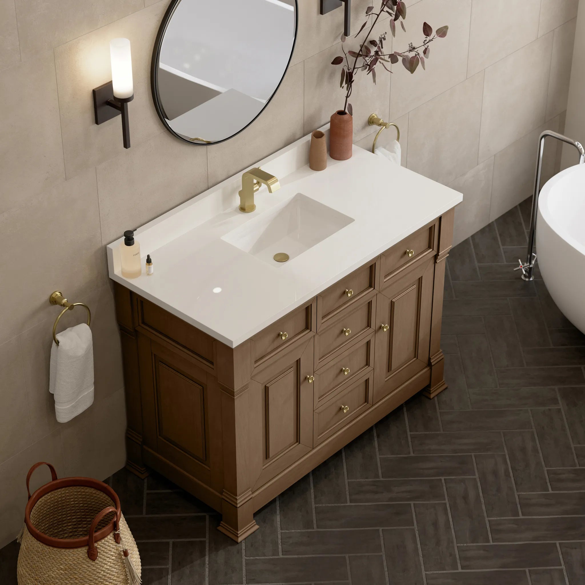 48" Brookfield Single Vanity in Pecan-White Zeus Silestone & Backsplash-Single Hole image 6