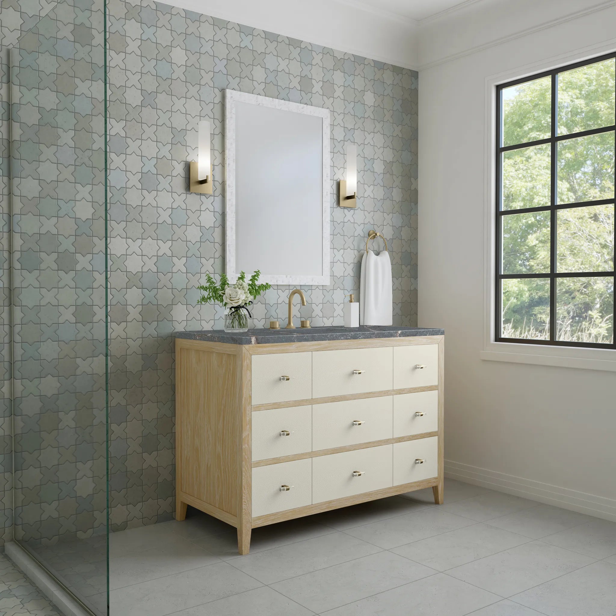 48" Celeste Single Vanity in Sunwashed Oak with Embossed Shagreen-Parisien Bleu Silestone-8" Widespread image 3