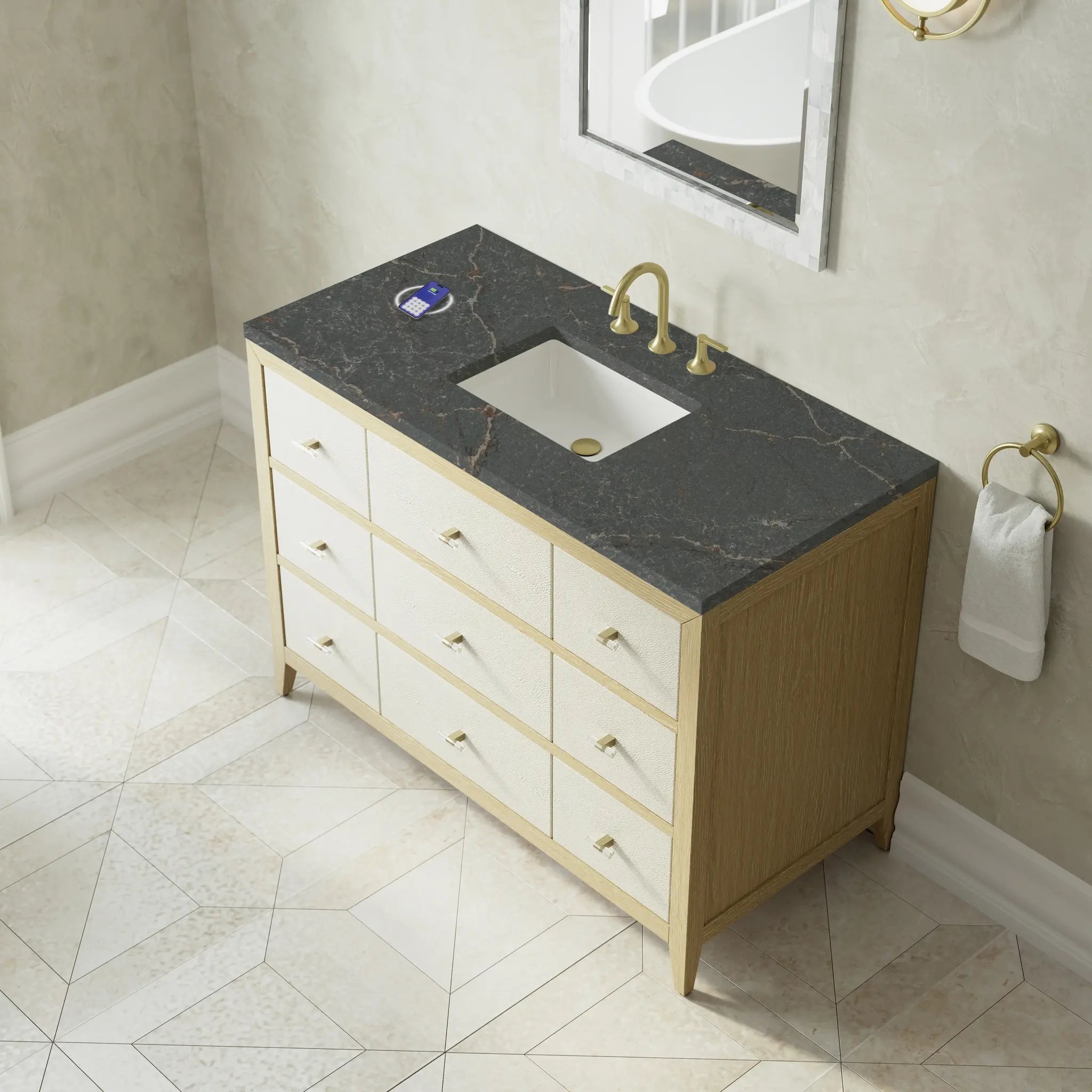 48 Celeste Single Vanity In Sunwashed Oak With Embossed Shagreen Power Enabled Parisien Bleu Silestone 8 Widespread 10