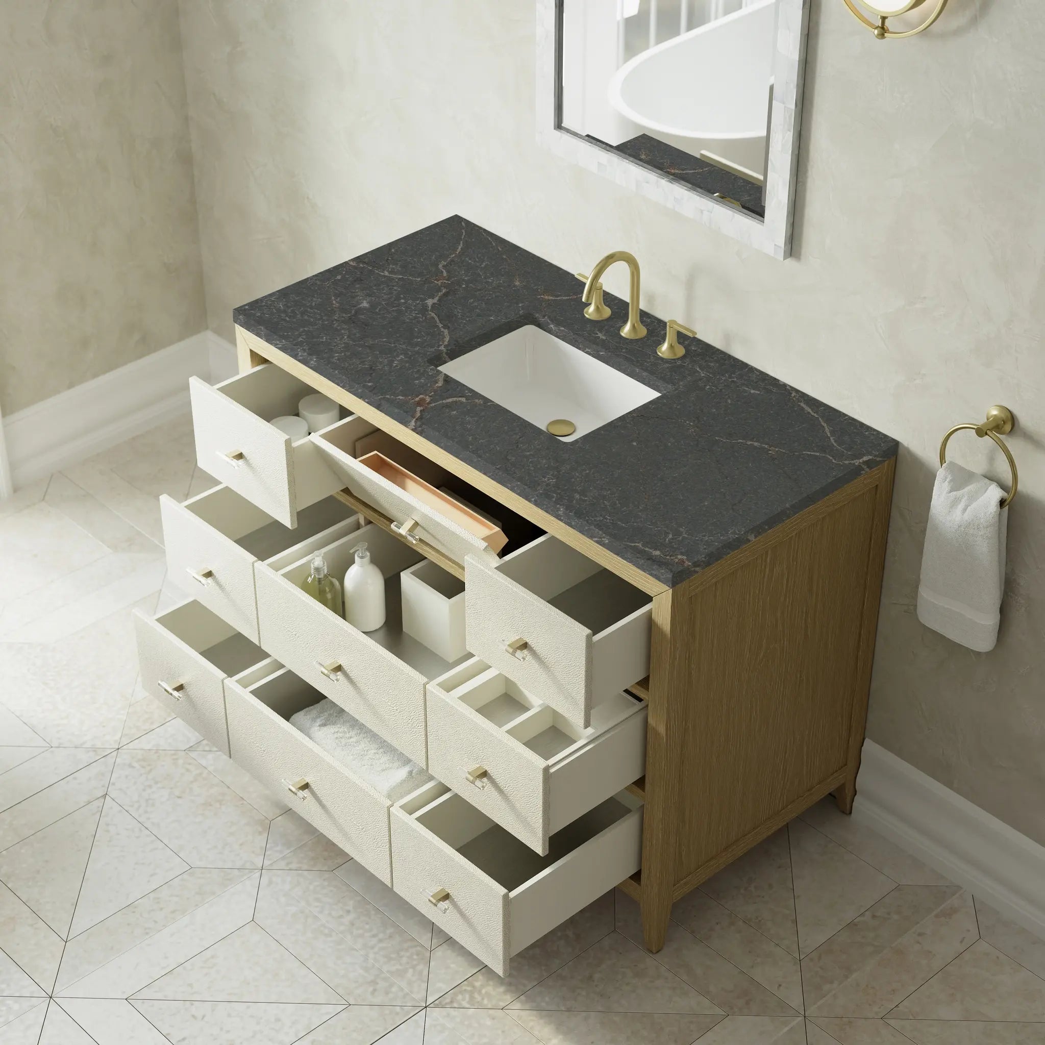 48 Celeste Single Vanity In Sunwashed Oak With Embossed Shagreen Power Enabled Parisien Bleu Silestone 8 Widespread 11