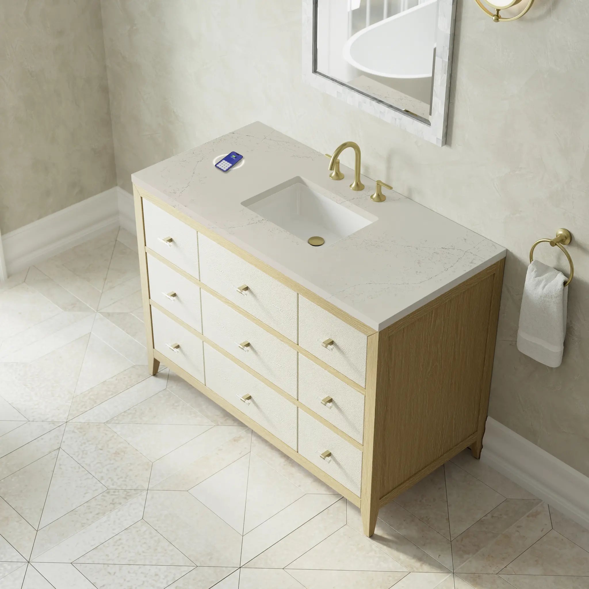 48 Celeste Single Vanity In Sunwashed Oak With Embossed Shagreen Power Enabled Siberian Silestone 8 Widespread 9