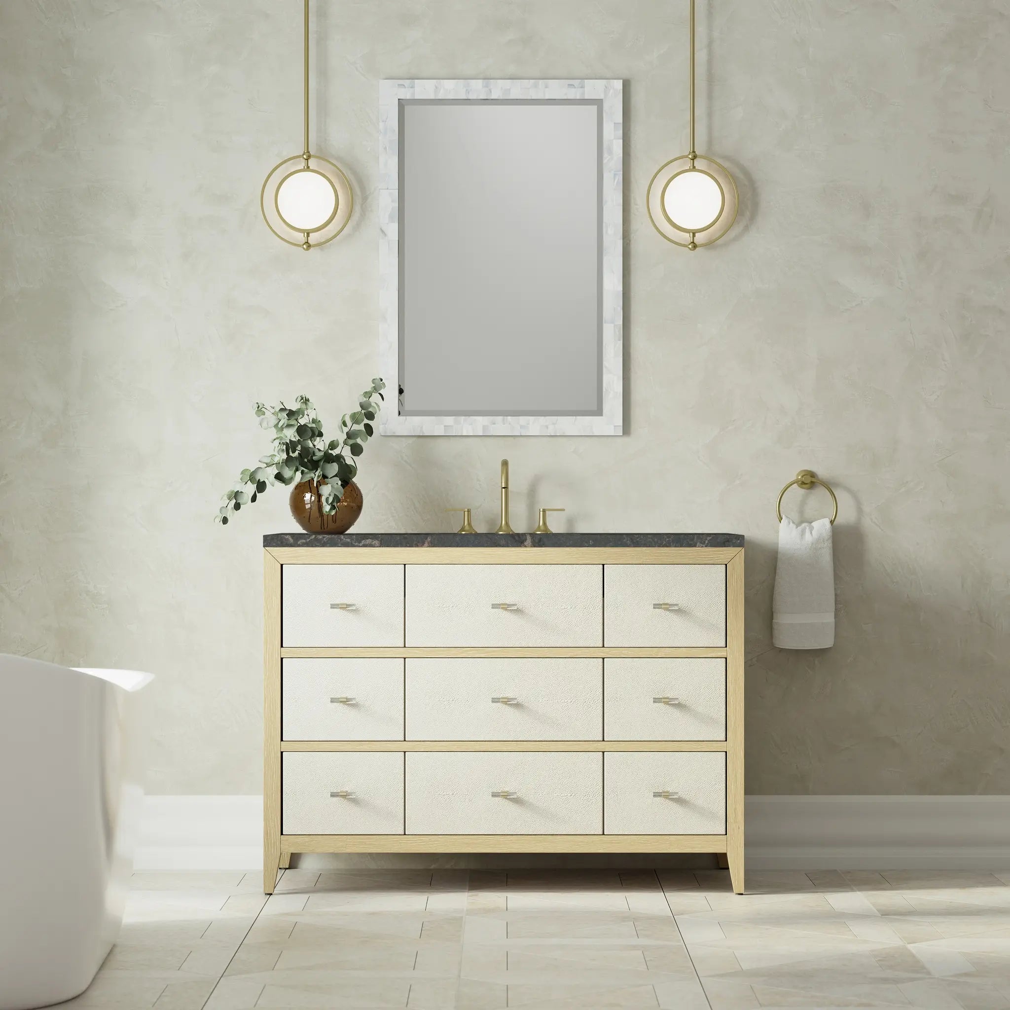 48 Celeste Single Vanity In Sunwashed Oak With Embossed Shagreen Standard Parisien Bleu Silestone 8 Widespread 3