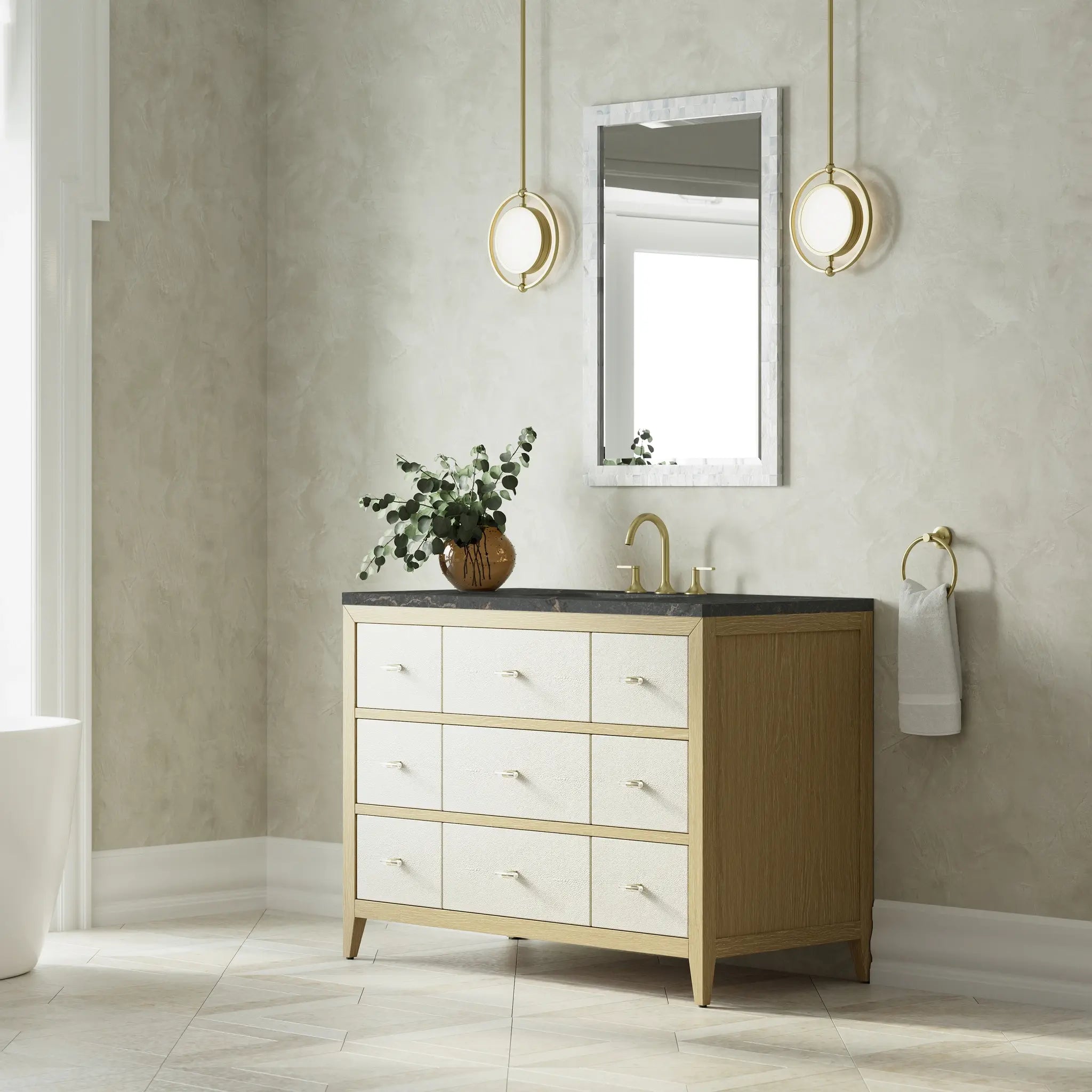 48 Celeste Single Vanity In Sunwashed Oak With Embossed Shagreen Standard Parisien Bleu Silestone 8 Widespread 4