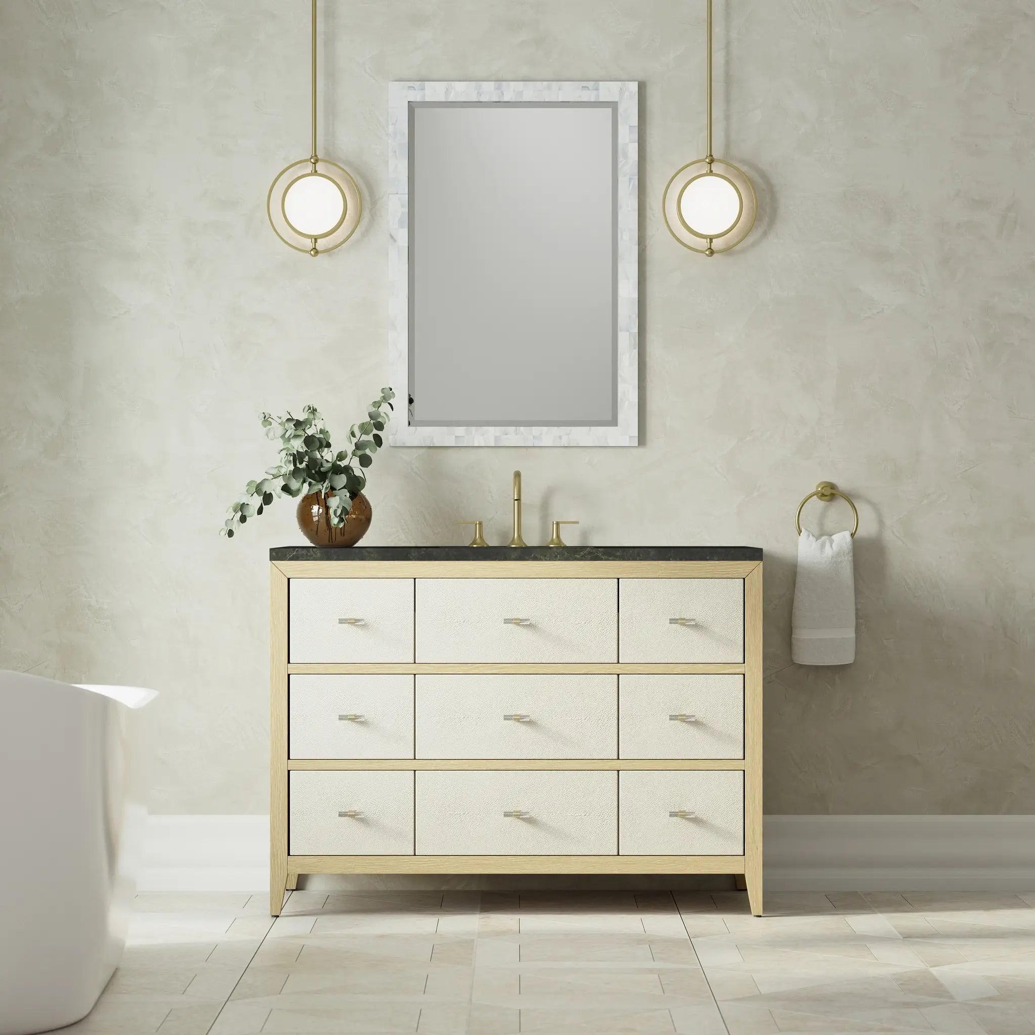 48 Celeste Single Vanity In Sunwashed Oak With Embossed Shagreen Standard Phantome Eclos 8 Widespread 3