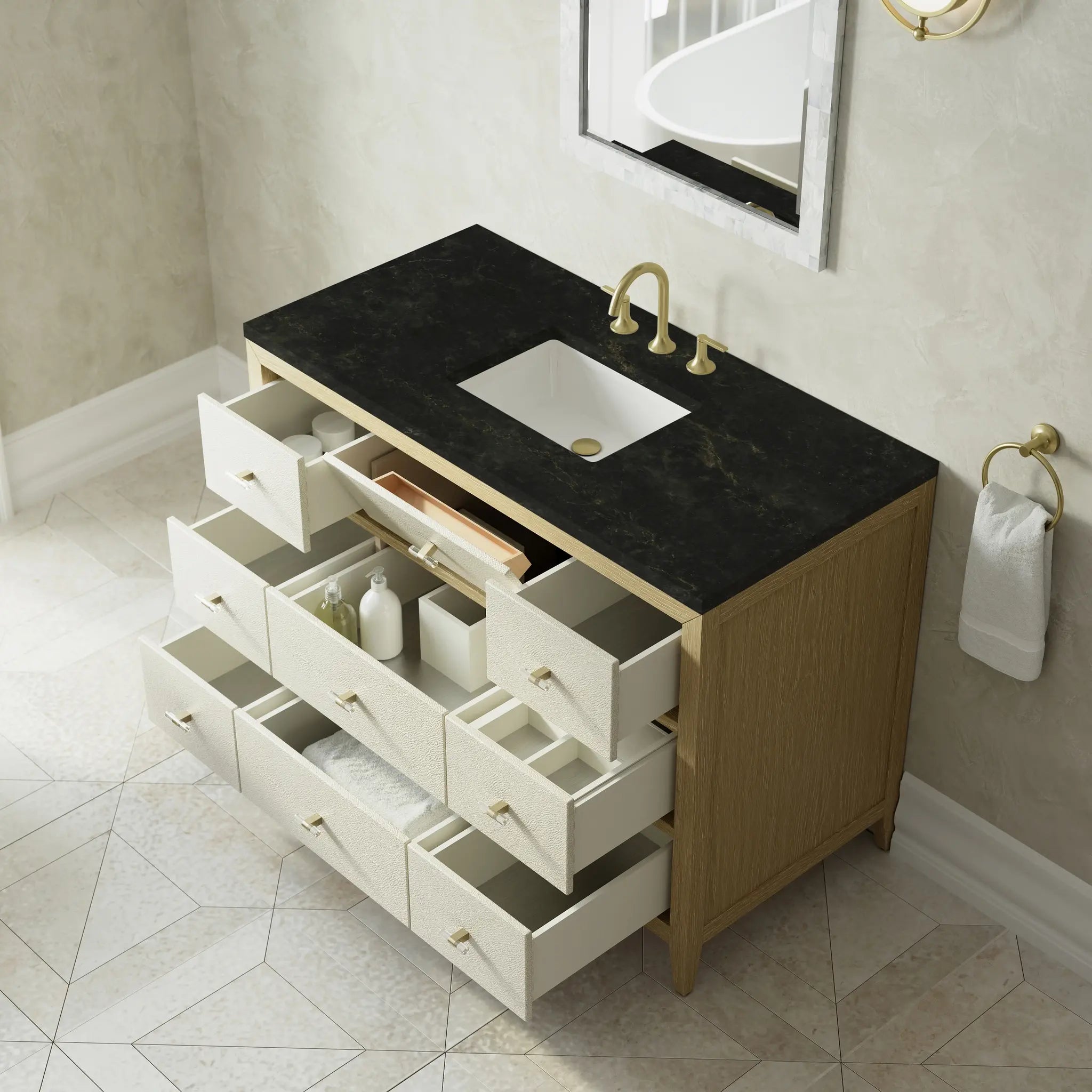 48 Celeste Single Vanity In Sunwashed Oak With Embossed Shagreen Standard Phantome Eclos 8 Widespread 8