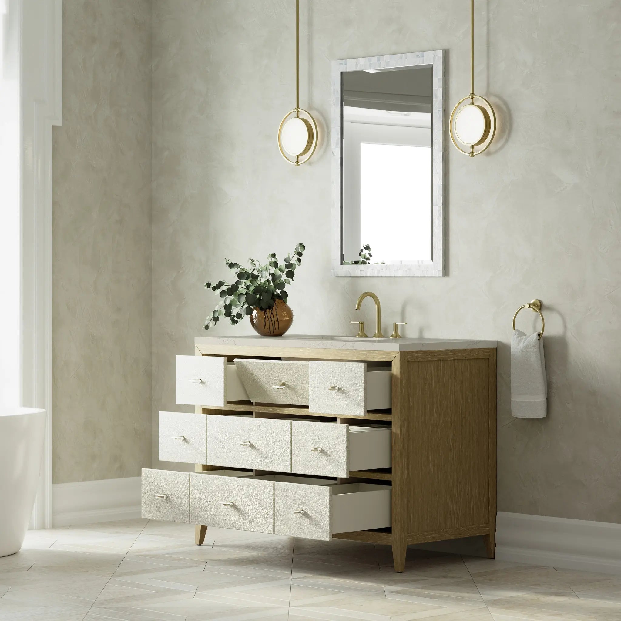 48 Celeste Single Vanity In Sunwashed Oak With Embossed Shagreen Standard Siberian Silestone 8 Widespread 5