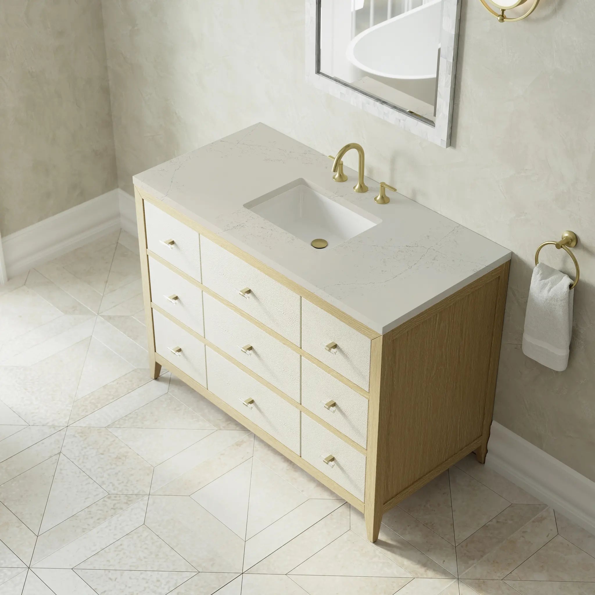 48 Celeste Single Vanity In Sunwashed Oak With Embossed Shagreen Standard Siberian Silestone 8 Widespread 7