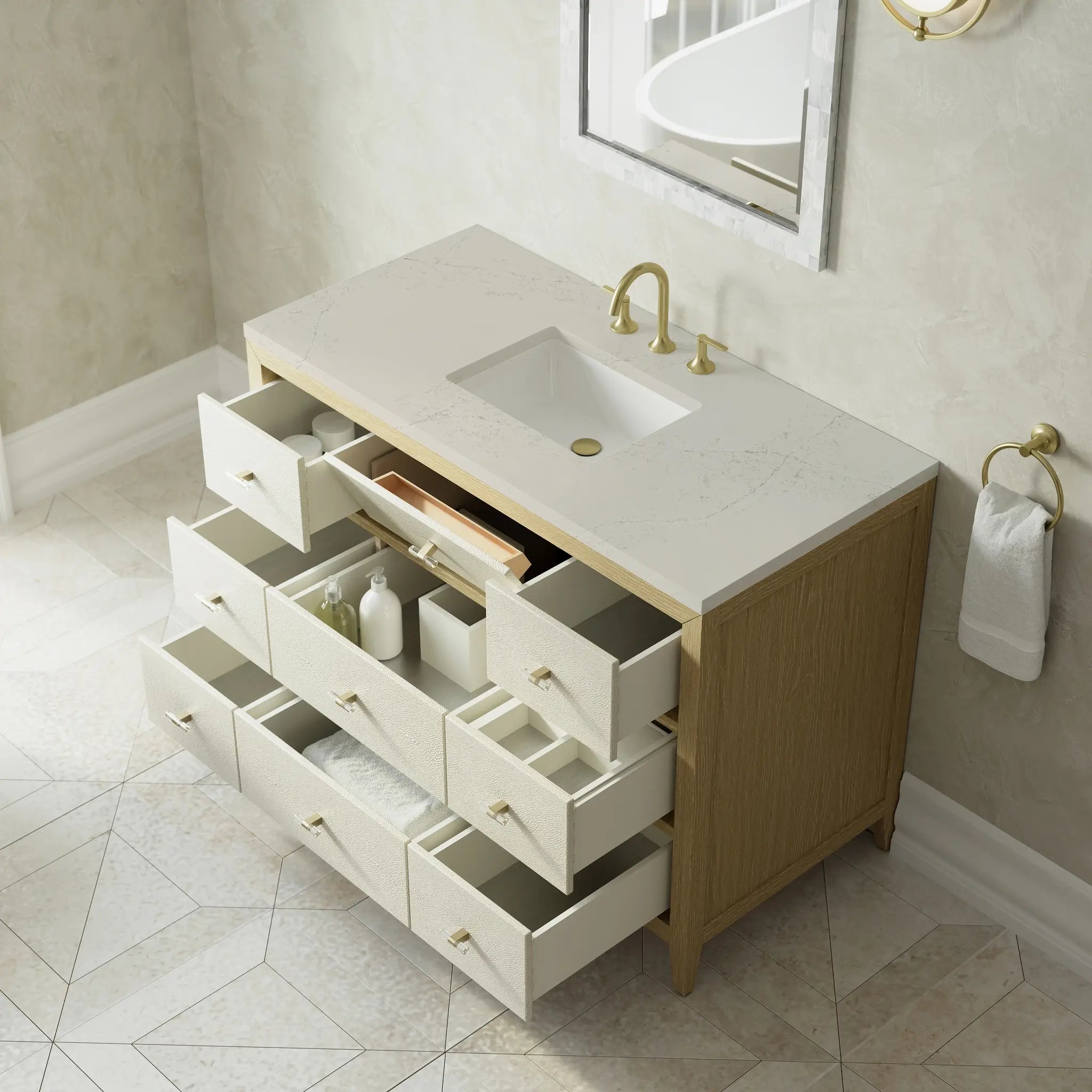 48 Celeste Single Vanity In Sunwashed Oak With Embossed Shagreen Standard Siberian Silestone 8 Widespread 8