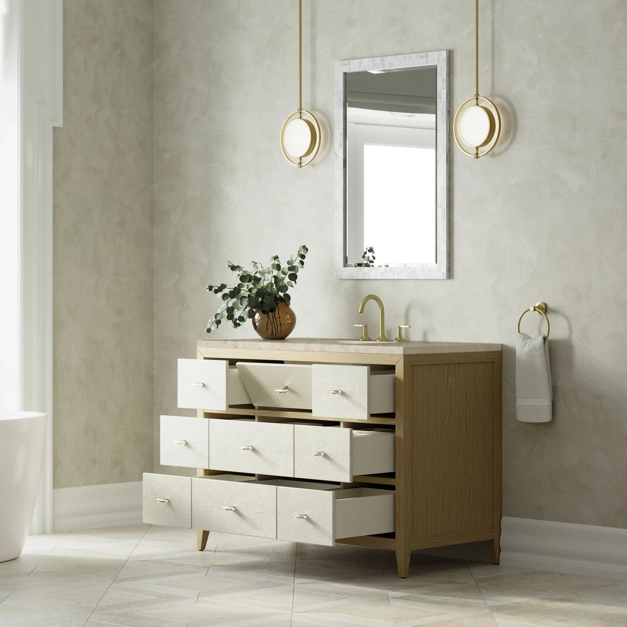 48 Celeste Single Vanity In Sunwashed Oak With Embossed Shagreen Standard Tajnar Eclos 8 Widespread 5