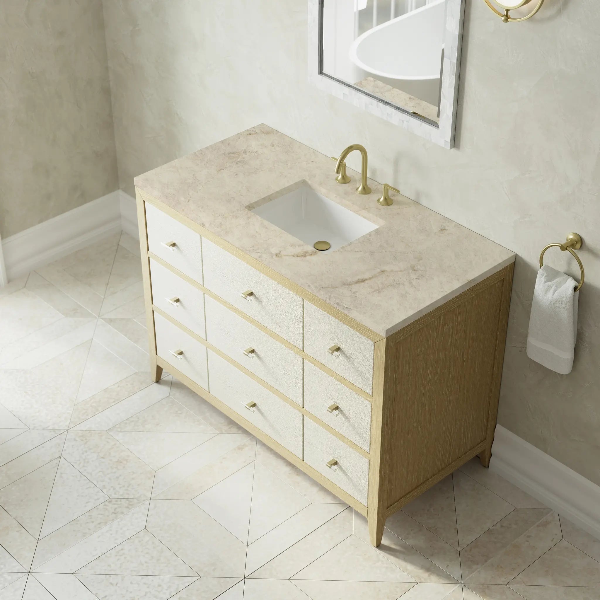 48 Celeste Single Vanity In Sunwashed Oak With Embossed Shagreen Standard Tajnar Eclos 8 Widespread 7