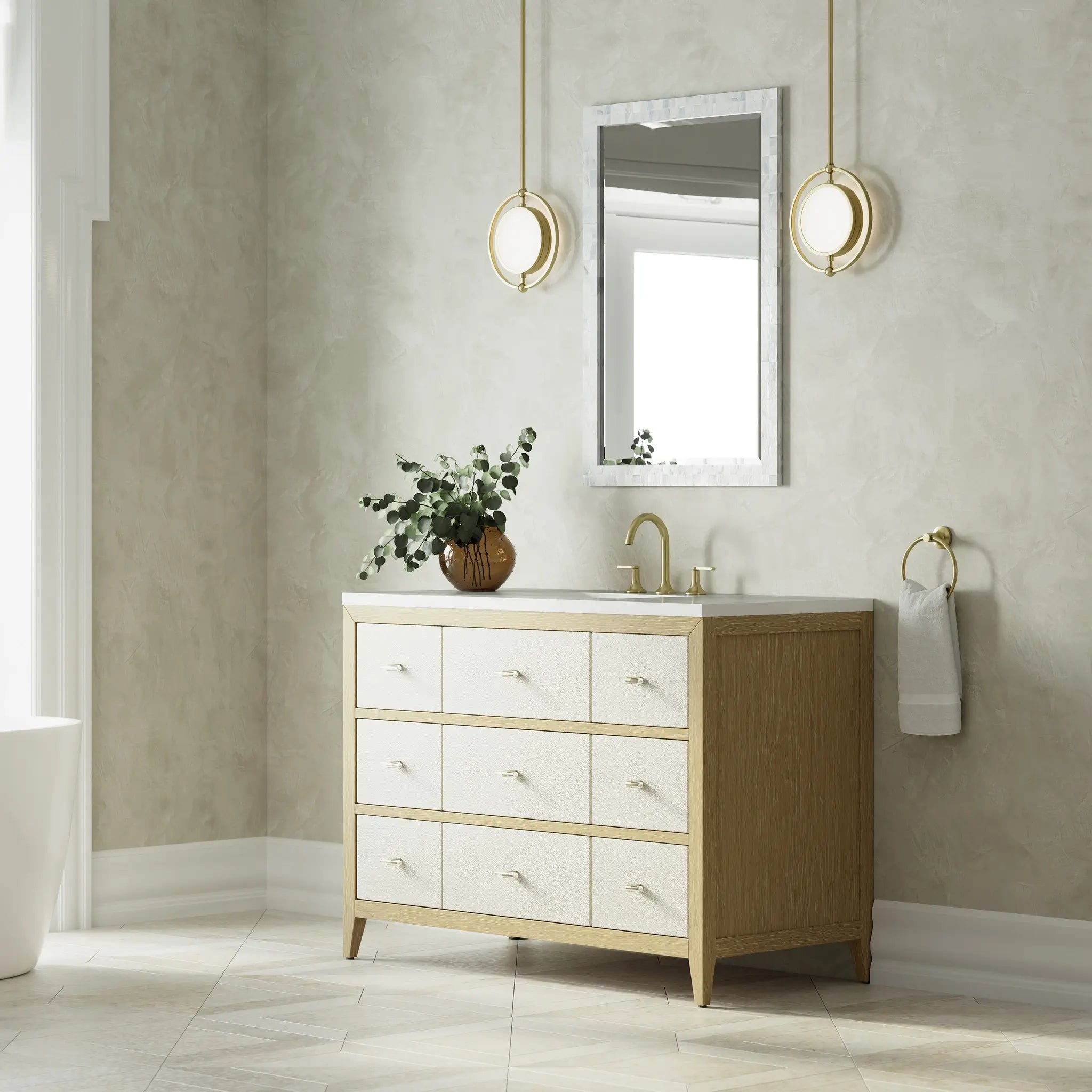 48 Celeste Single Vanity In Sunwashed Oak With Embossed Shagreen Standard White Zeus Silestone 8 Widespread 4