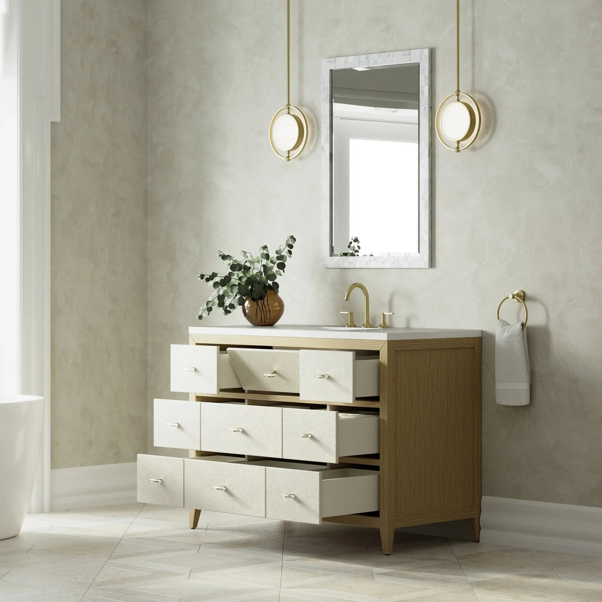 48 Celeste Single Vanity In Sunwashed Oak With Embossed Shagreen Standard White Zeus Silestone 8 Widespread 5