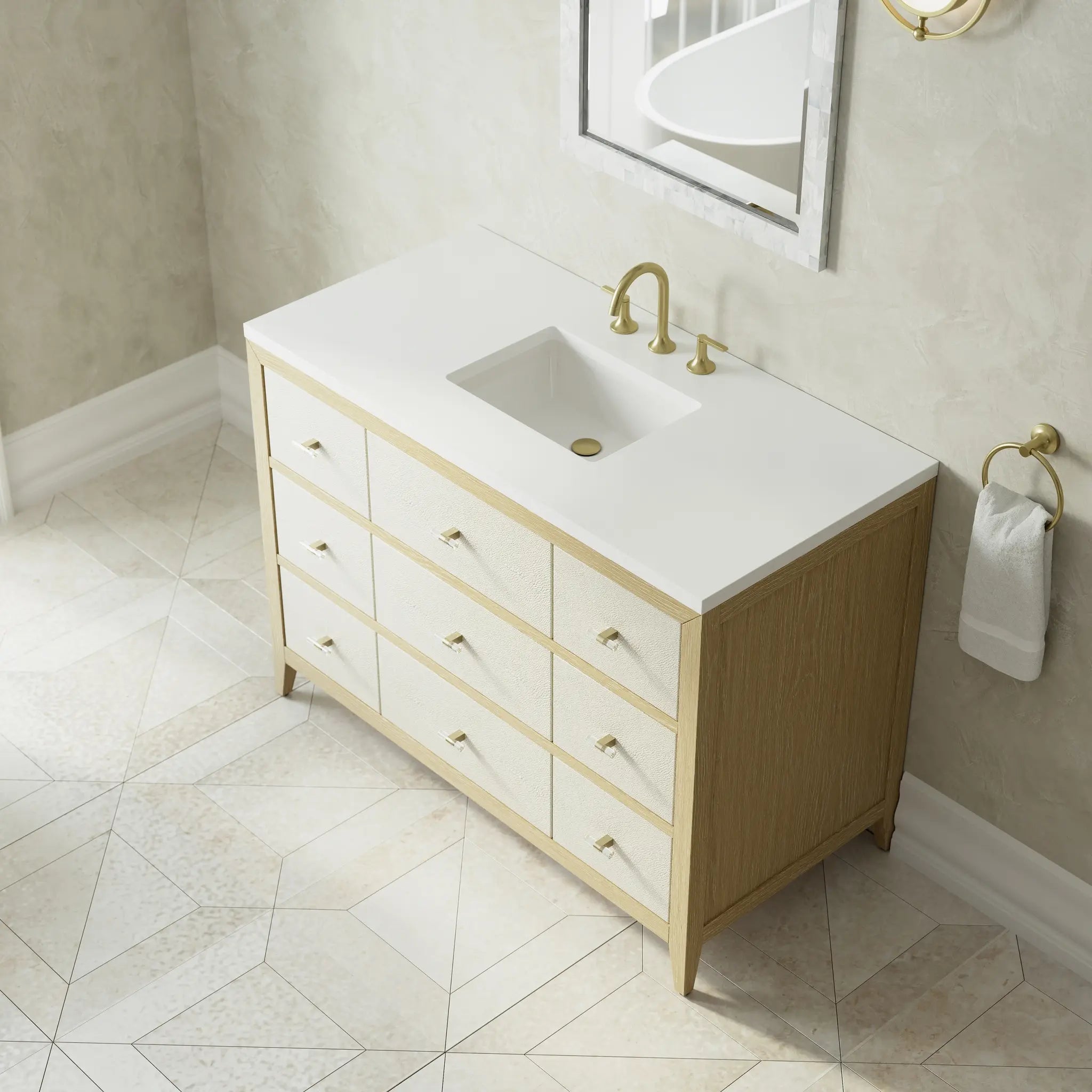 48 Celeste Single Vanity In Sunwashed Oak With Embossed Shagreen Standard White Zeus Silestone 8 Widespread 7
