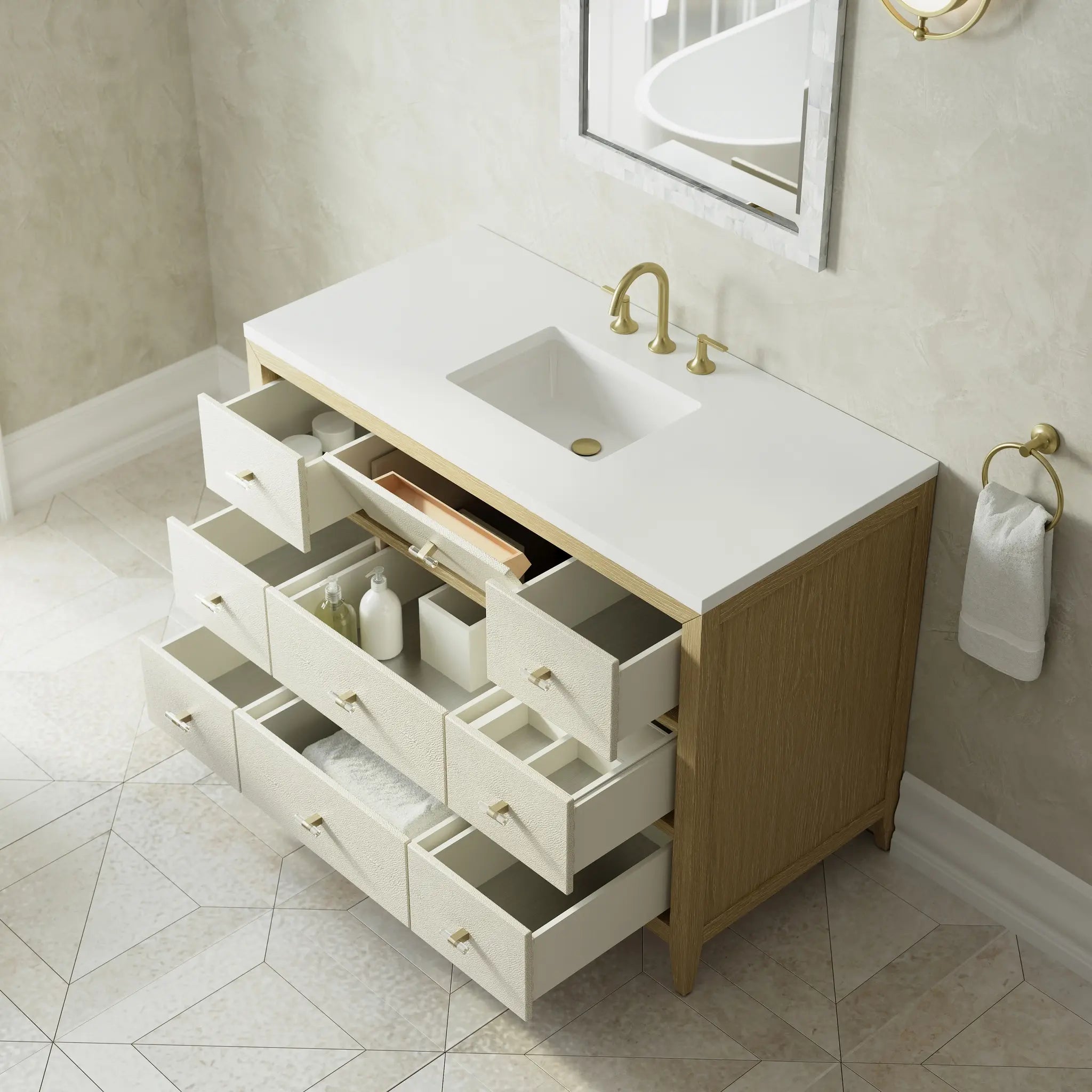 48 Celeste Single Vanity In Sunwashed Oak With Embossed Shagreen Standard White Zeus Silestone 8 Widespread 8