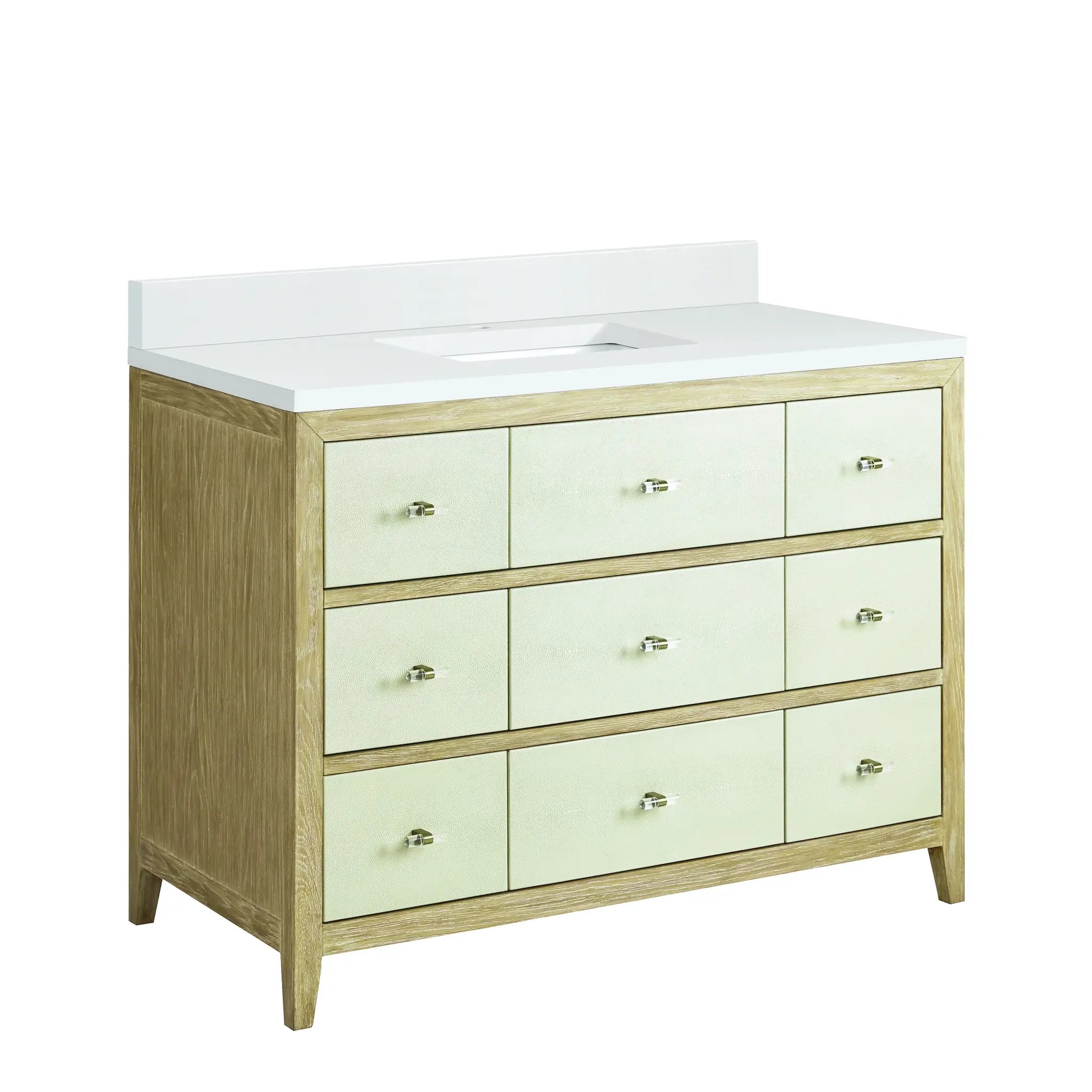 48 Celeste Single Vanity In Sunwashed Oak With Embossed Shagreen Standard White Zeus Silestone Backsplash Single Hole 12
