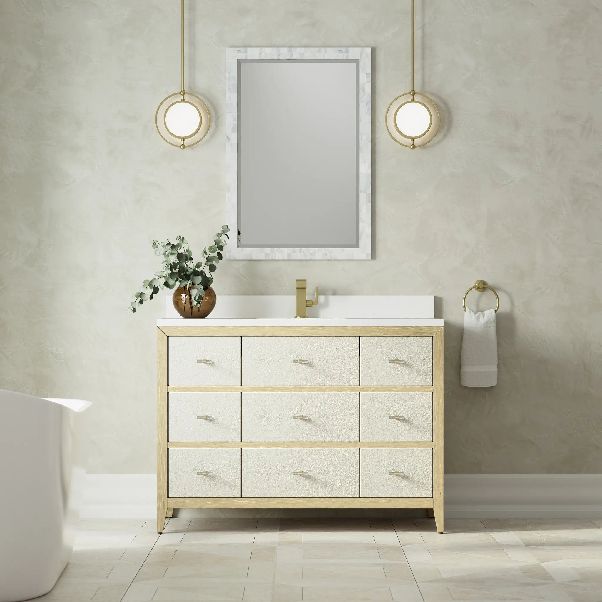 48 Celeste Single Vanity In Sunwashed Oak With Embossed Shagreen Standard White Zeus Silestone Backsplash Single Hole 3