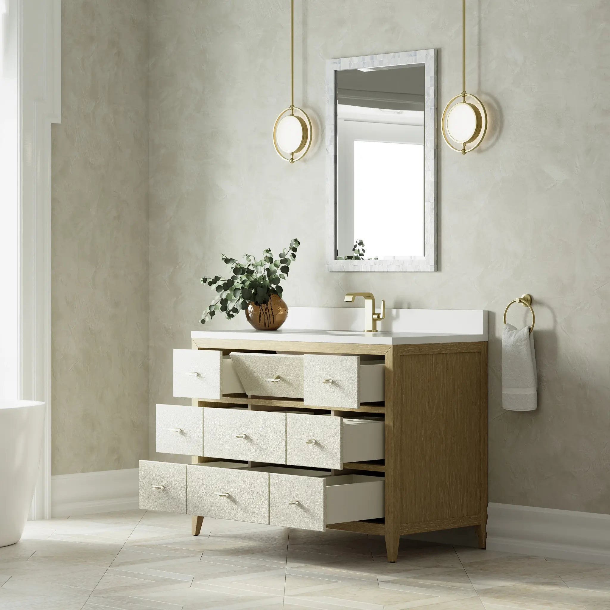 48 Celeste Single Vanity In Sunwashed Oak With Embossed Shagreen Standard White Zeus Silestone Backsplash Single Hole 5