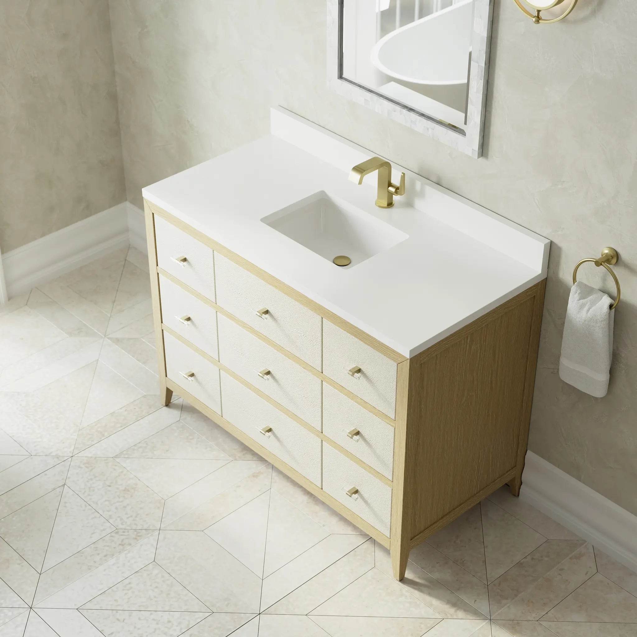 48 Celeste Single Vanity In Sunwashed Oak With Embossed Shagreen Standard White Zeus Silestone Backsplash Single Hole 7