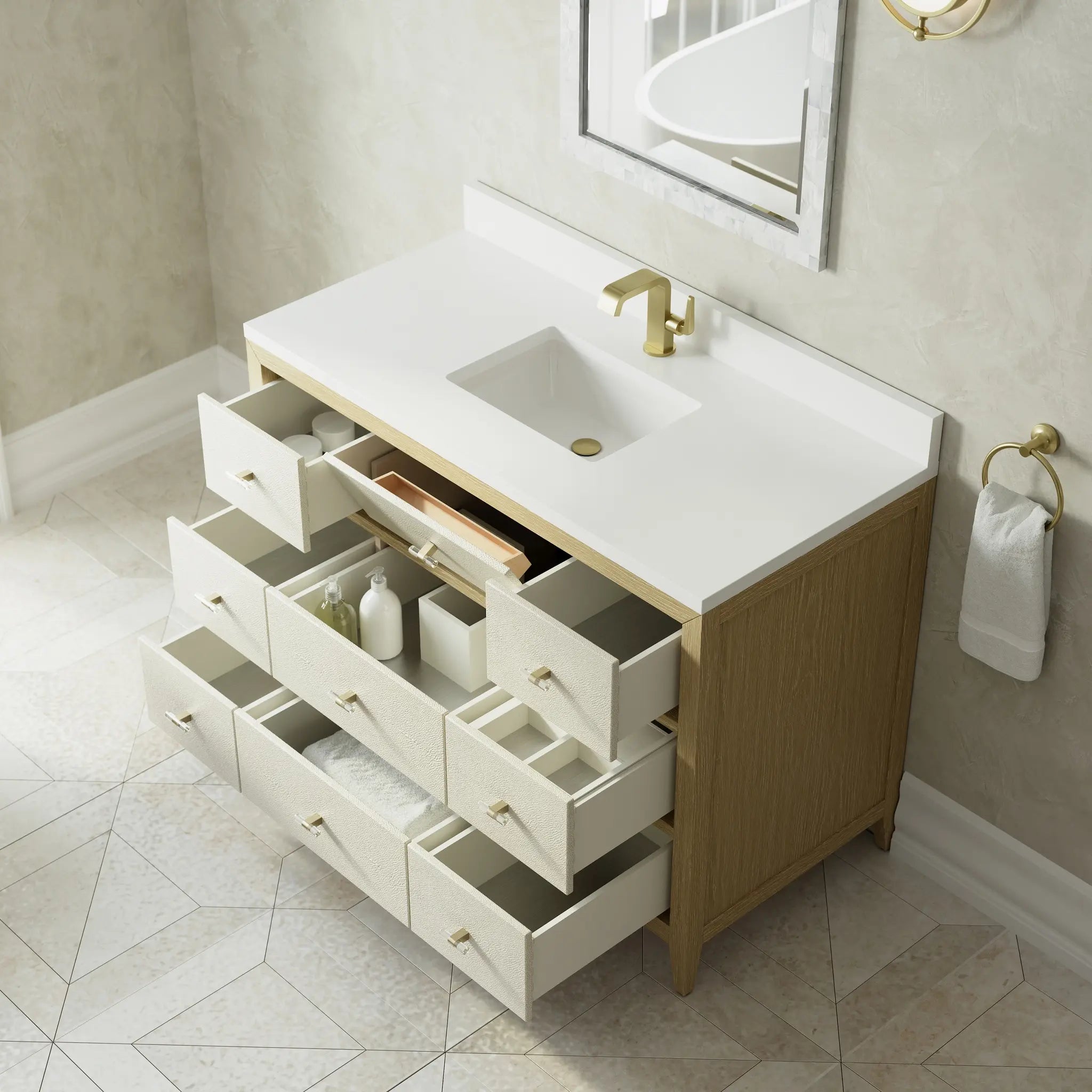 48 Celeste Single Vanity In Sunwashed Oak With Embossed Shagreen Standard White Zeus Silestone Backsplash Single Hole 8