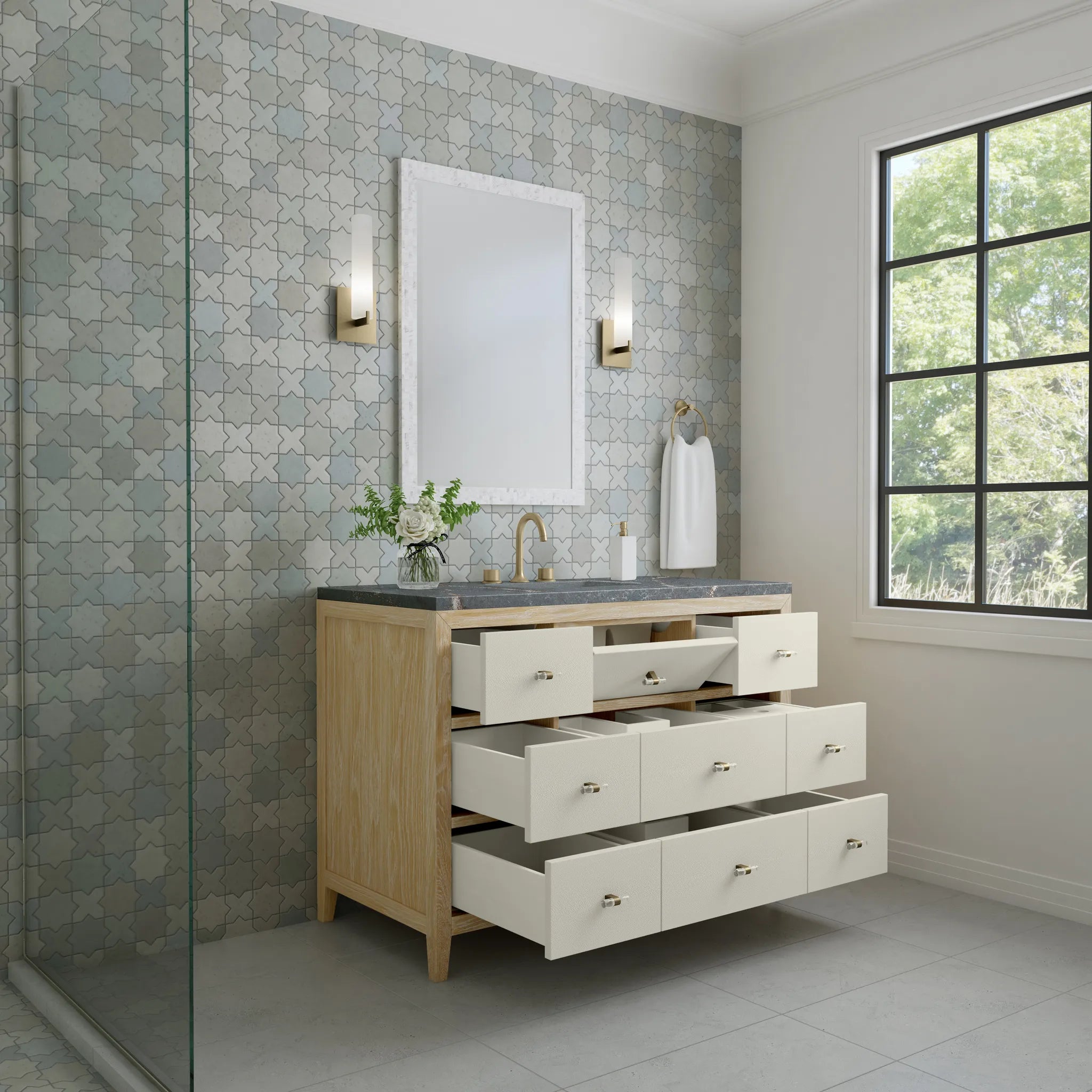 48" Celeste Single Vanity in Sunwashed Oak with Embossed Shagreen w/ 3 CM Parisien Bleu Silestone Top Wireless Charger image 6