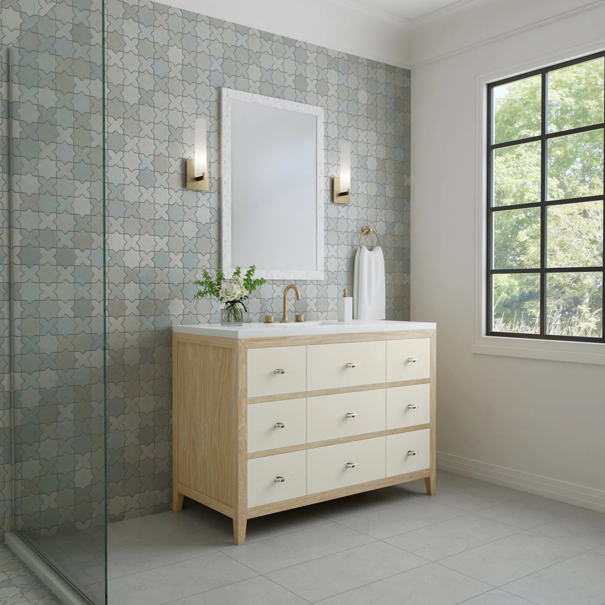 48" Celeste Single Vanity in Sunwashed Oak with Embossed Shagreen-White Zeus Silestone-8" Widespread image 3