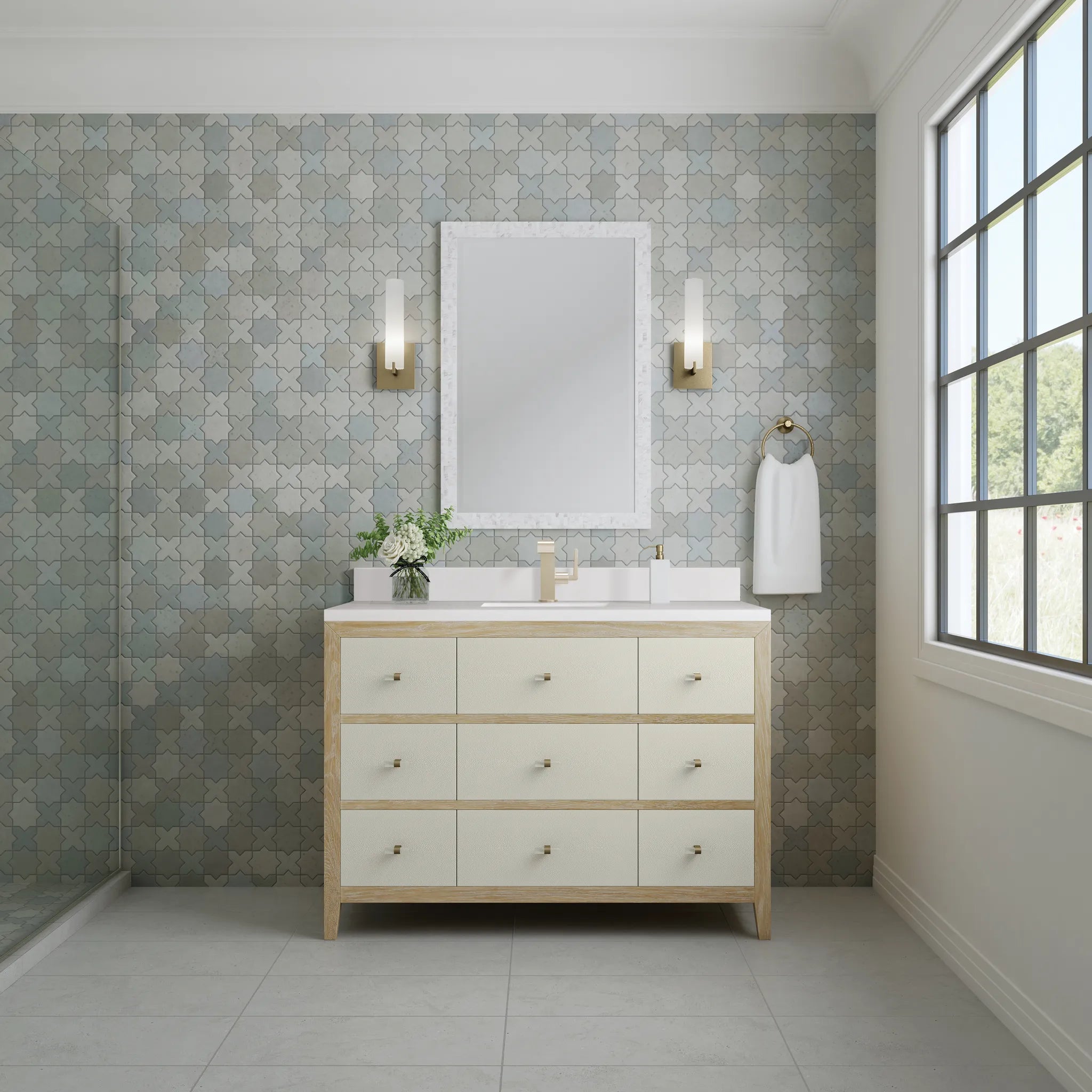 48" Celeste Single Vanity in Sunwashed Oak with Embossed Shagreen-White Zeus Silestone & Backsplash-Single Hole image 2