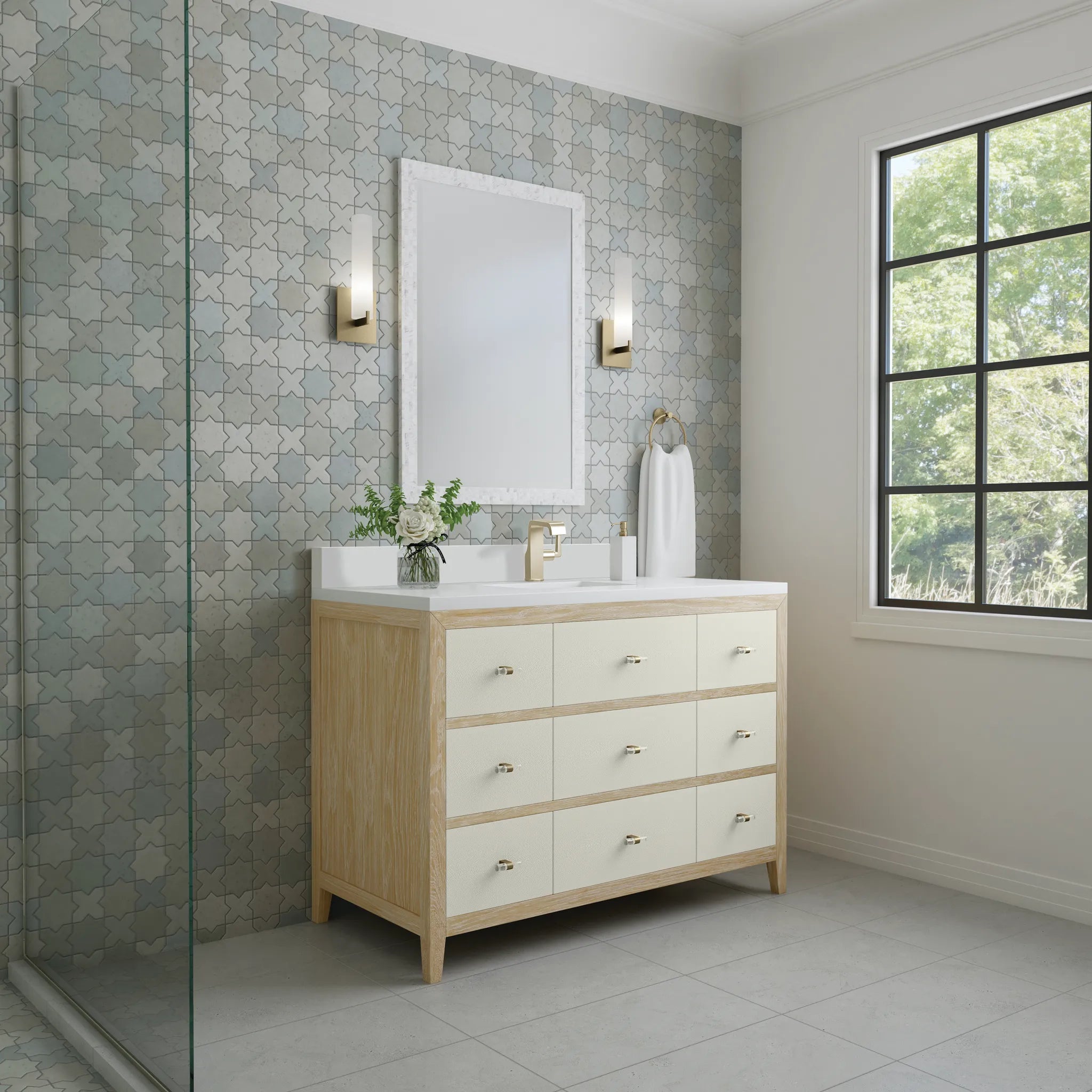 48" Celeste Single Vanity in Sunwashed Oak with Embossed Shagreen-White Zeus Silestone & Backsplash-Single Hole image 3