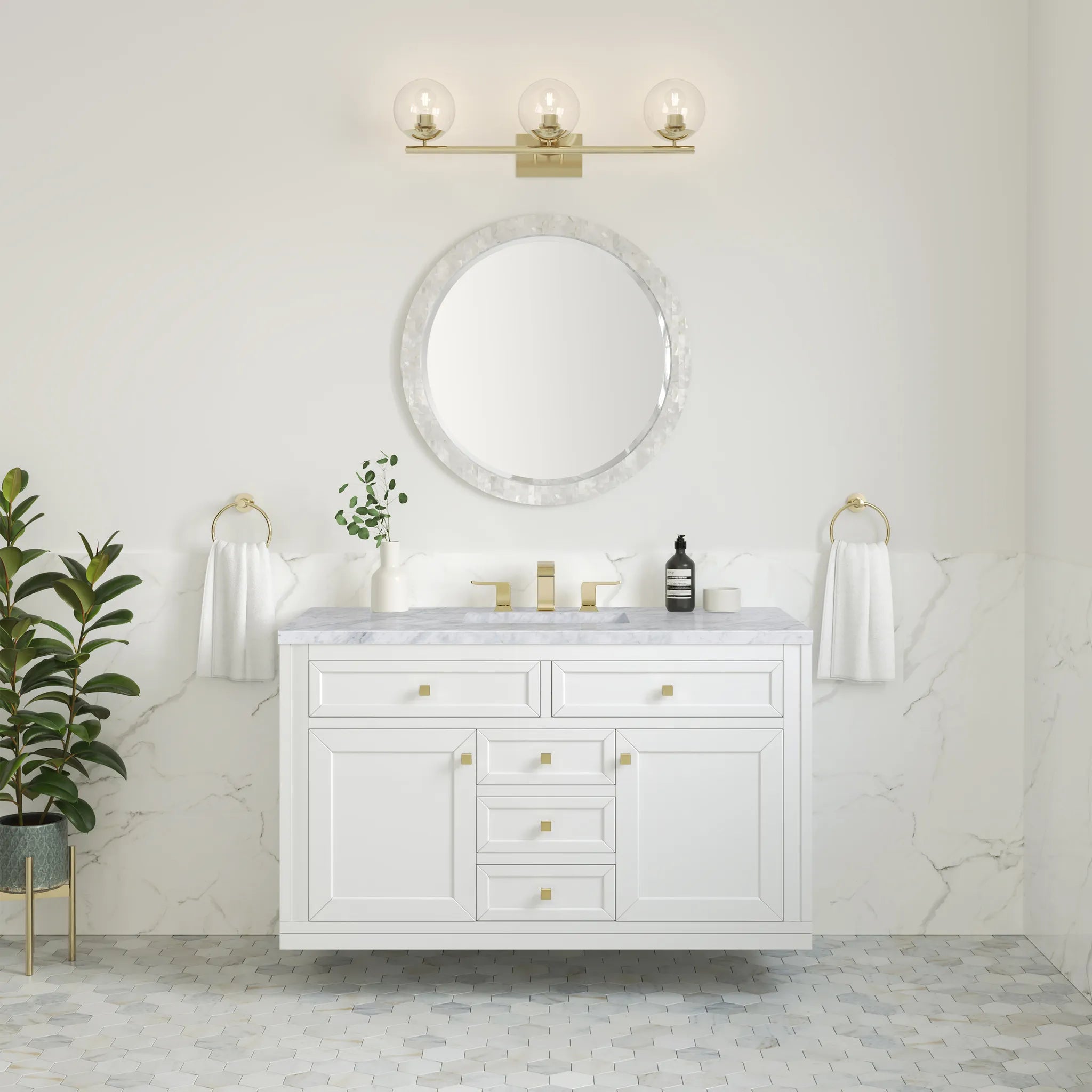 48" Chicago Single Vanity in Glossy White-Carrara White Marble-8" Widespread image 3