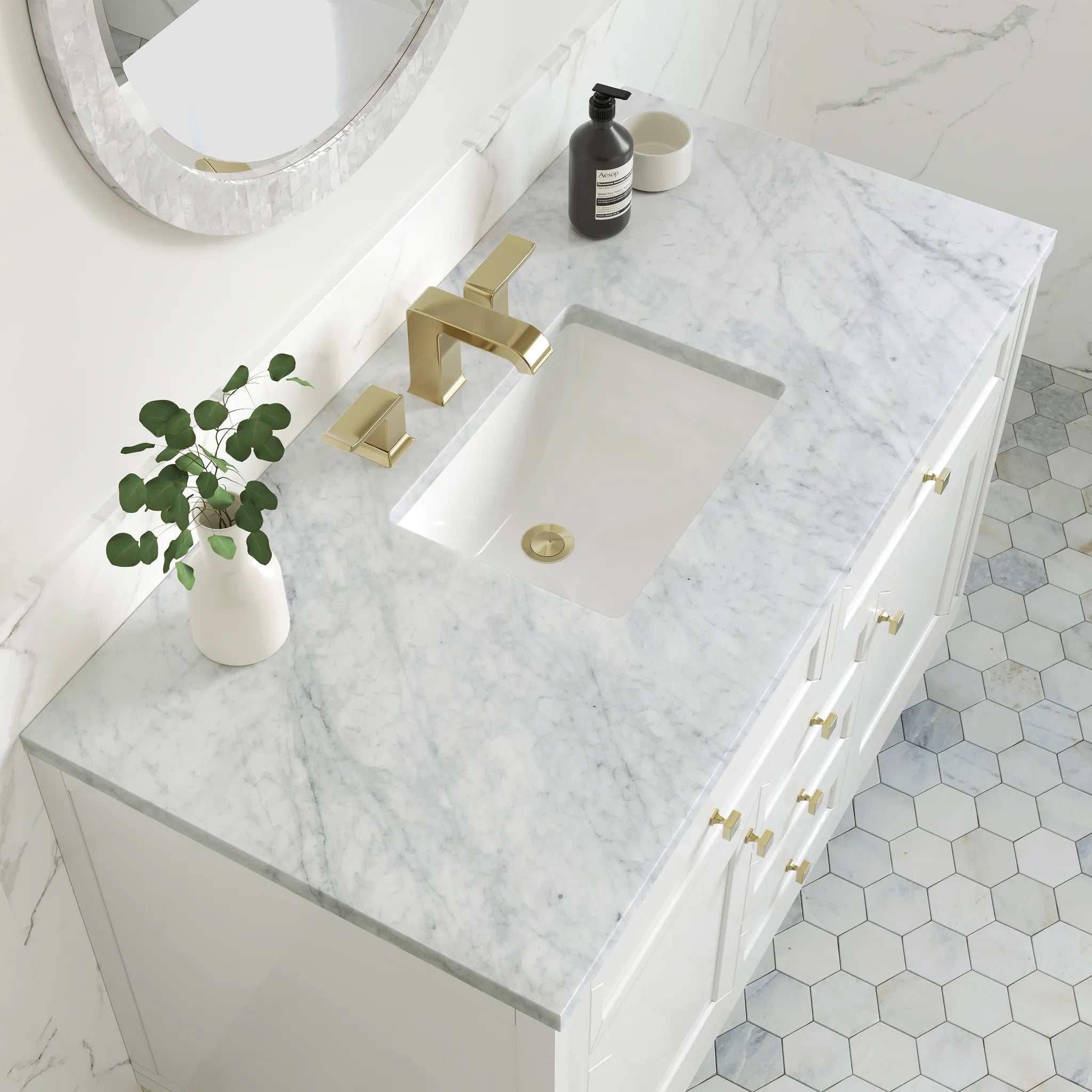 48" Chicago Single Vanity in Glossy White-Carrara White Marble-8" Widespread image 8