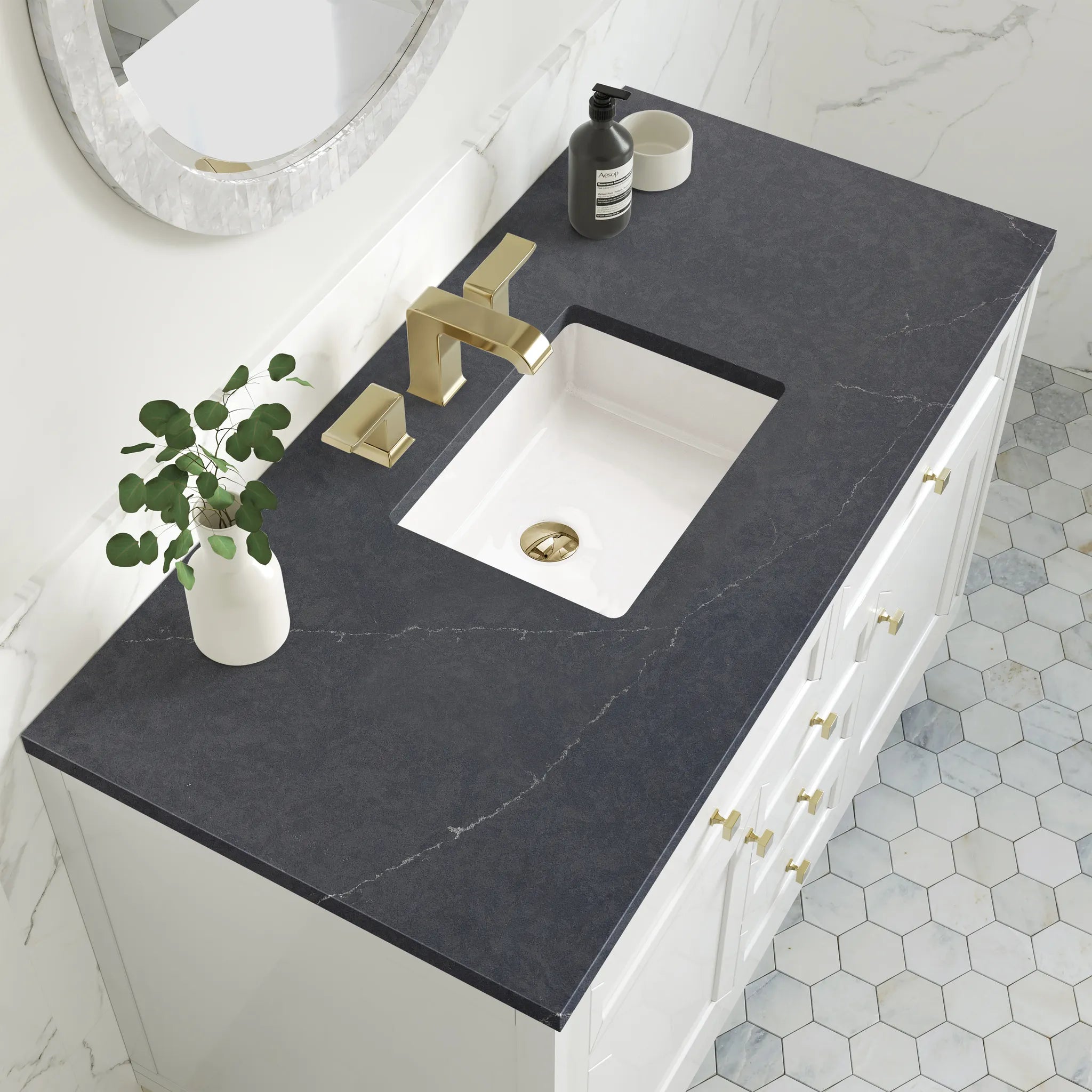48" Chicago Single Vanity in Glossy White-Charcoal Soapstone Silestone-8" Widespread image 8