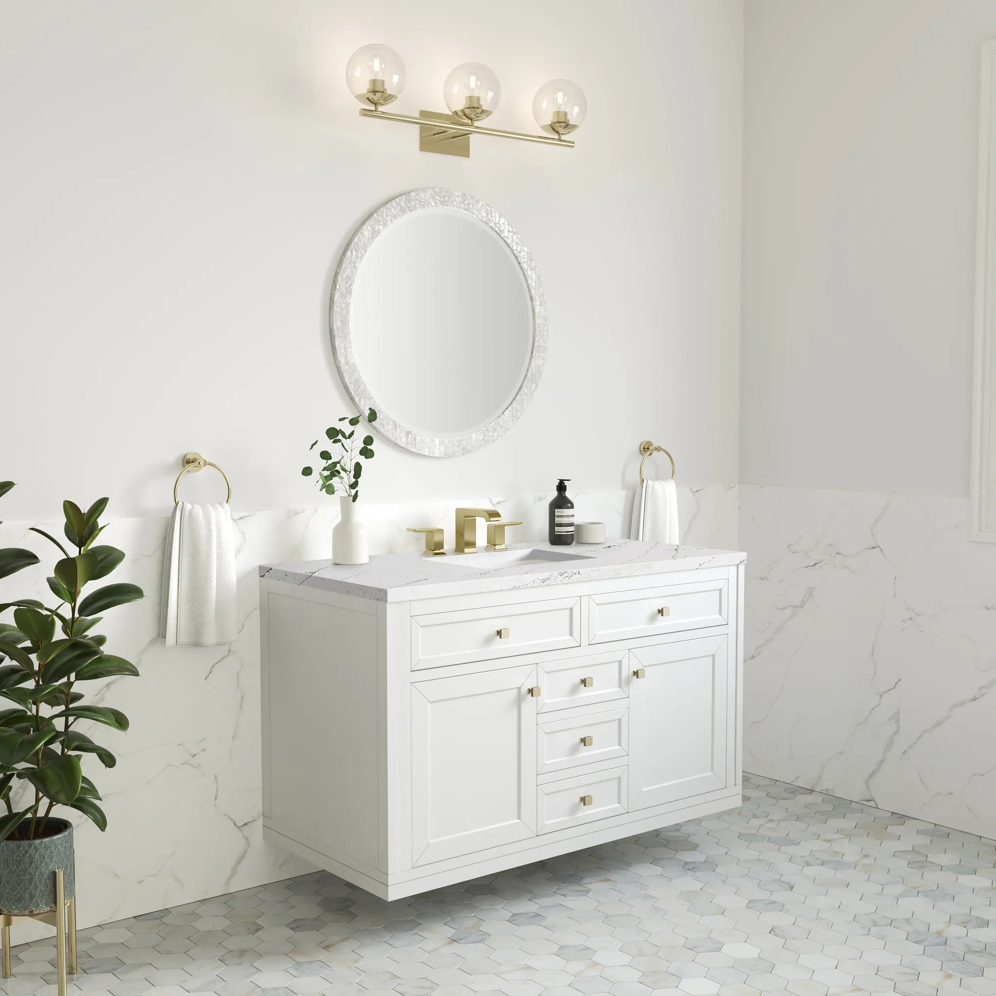 48" Chicago Single Vanity in Glossy White-Ethereal Noctis Silestone-8" Widespread image 4