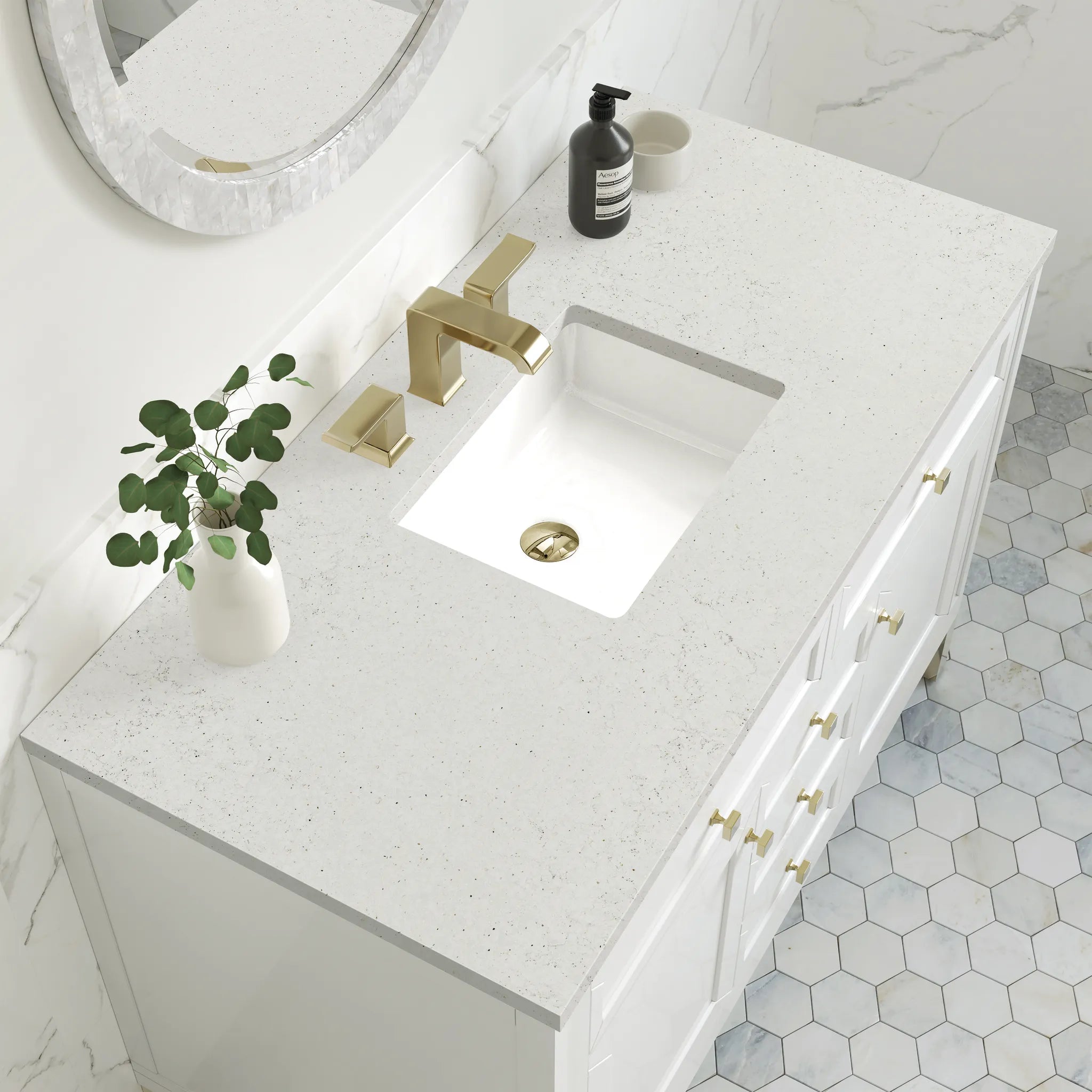 48" Chicago Single Vanity in Glossy White-Lime Delight Silestone-8" Widespread image 8