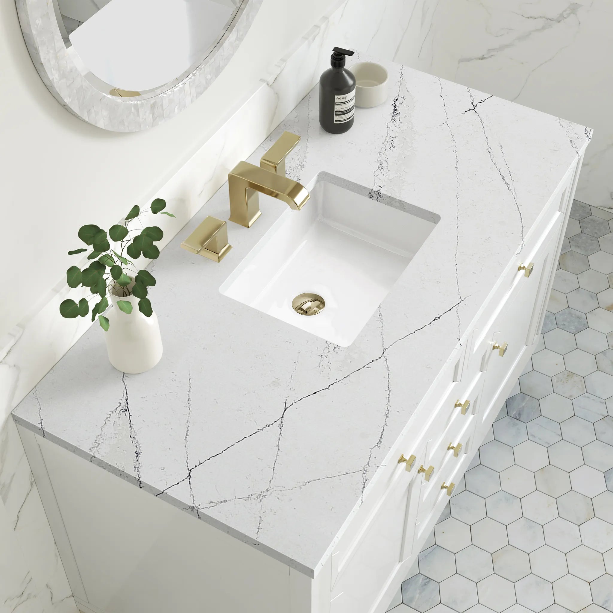 48" Chicago Single Vanity in Glossy White w/FreePower Wireless Charger-Ethereal Noctis Silestone-8" Widespread image 11