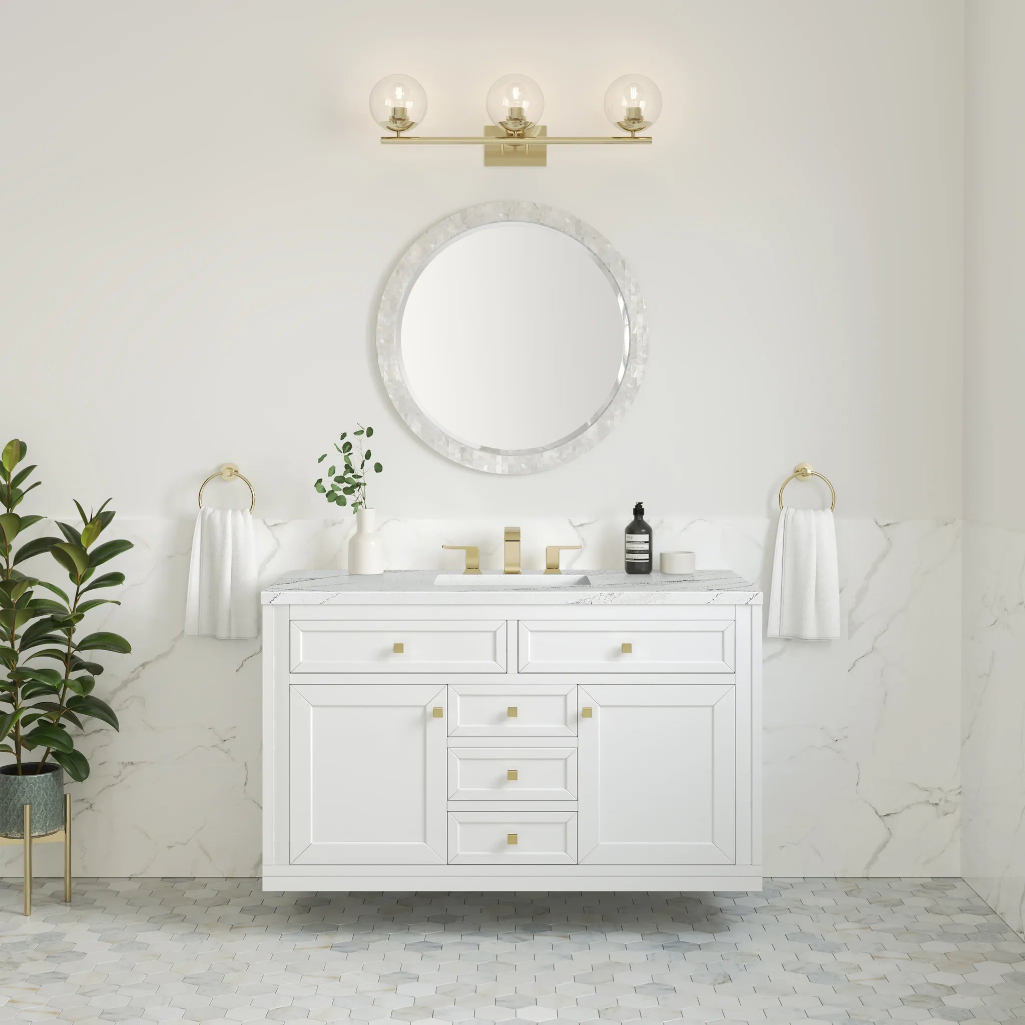 48" Chicago Single Vanity in Glossy White w/FreePower Wireless Charger-Ethereal Noctis Silestone-8" Widespread image 6