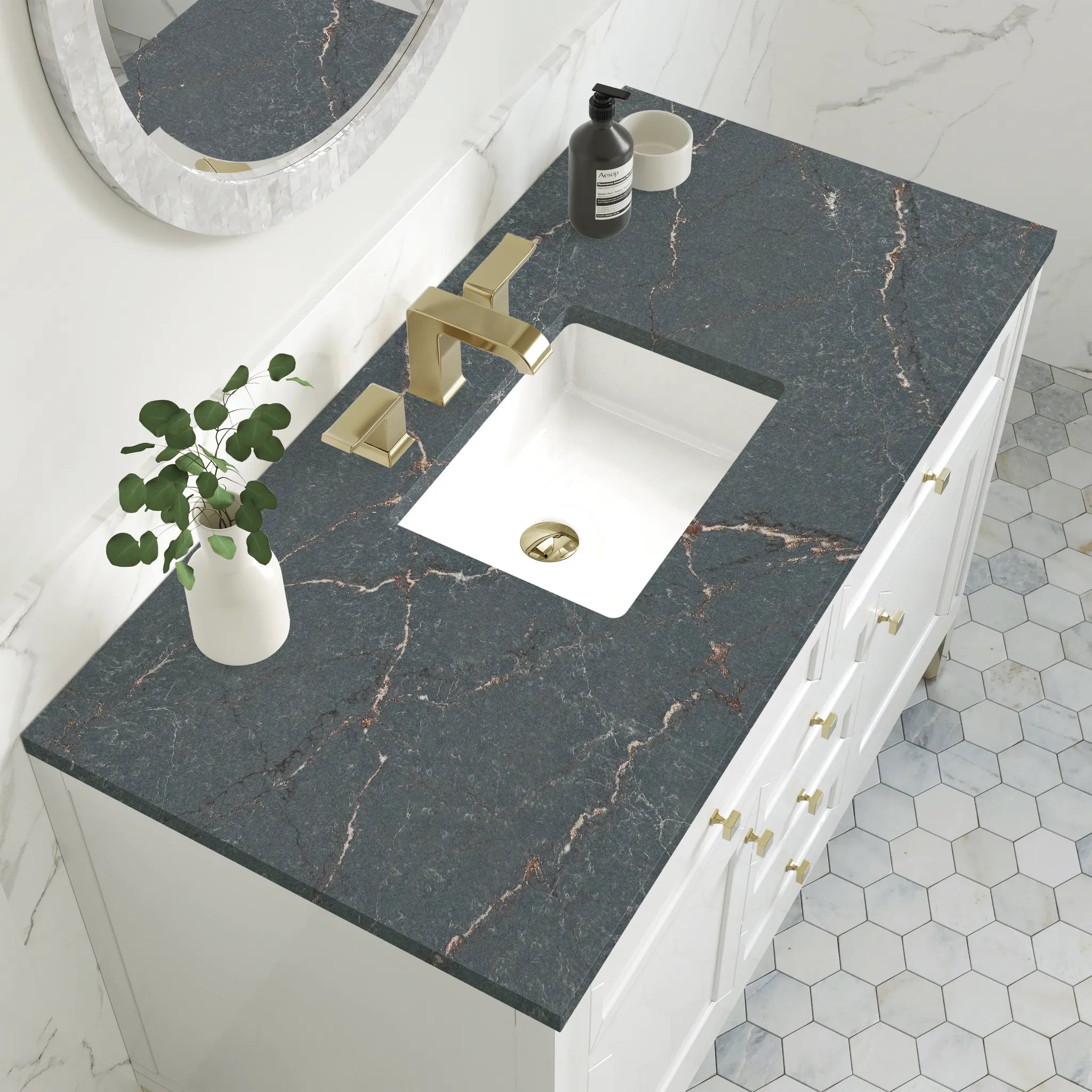 48" Chicago Single Vanity in Glossy White w/FreePower Wireless Charger-Parisien Bleu Silestone-8" Widespread image 9