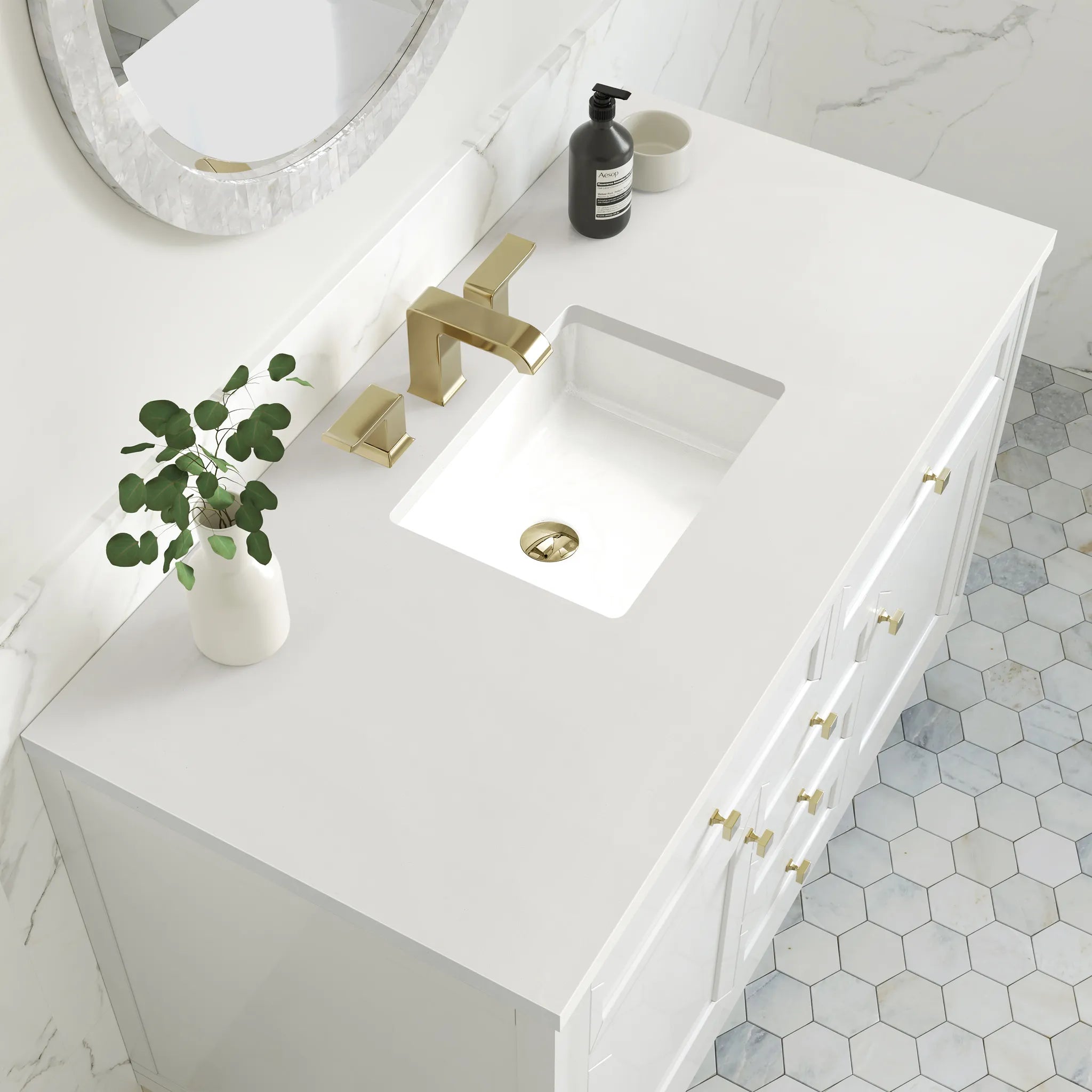 48" Chicago Single Vanity in Glossy White-White Zeus Silestone-8" Widespread image 8