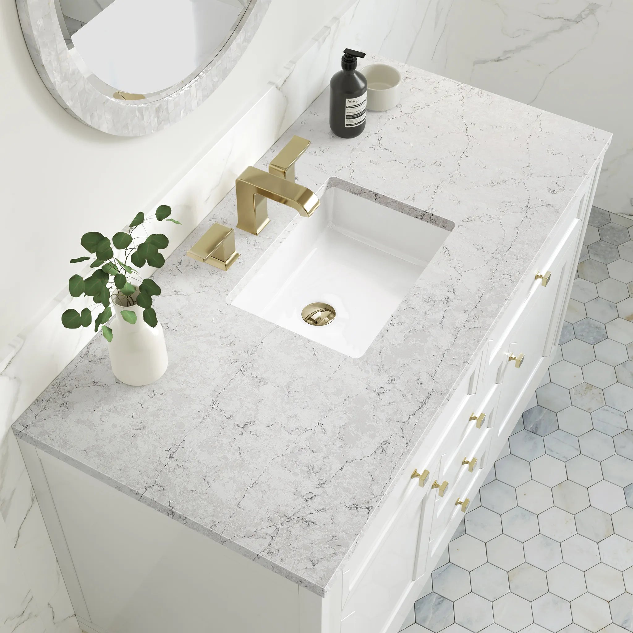 48" Chicago Single Vanity in Glossy White Wireless Charger-Eternal Jasmine Pearl Silestone-8" Widespread image 11