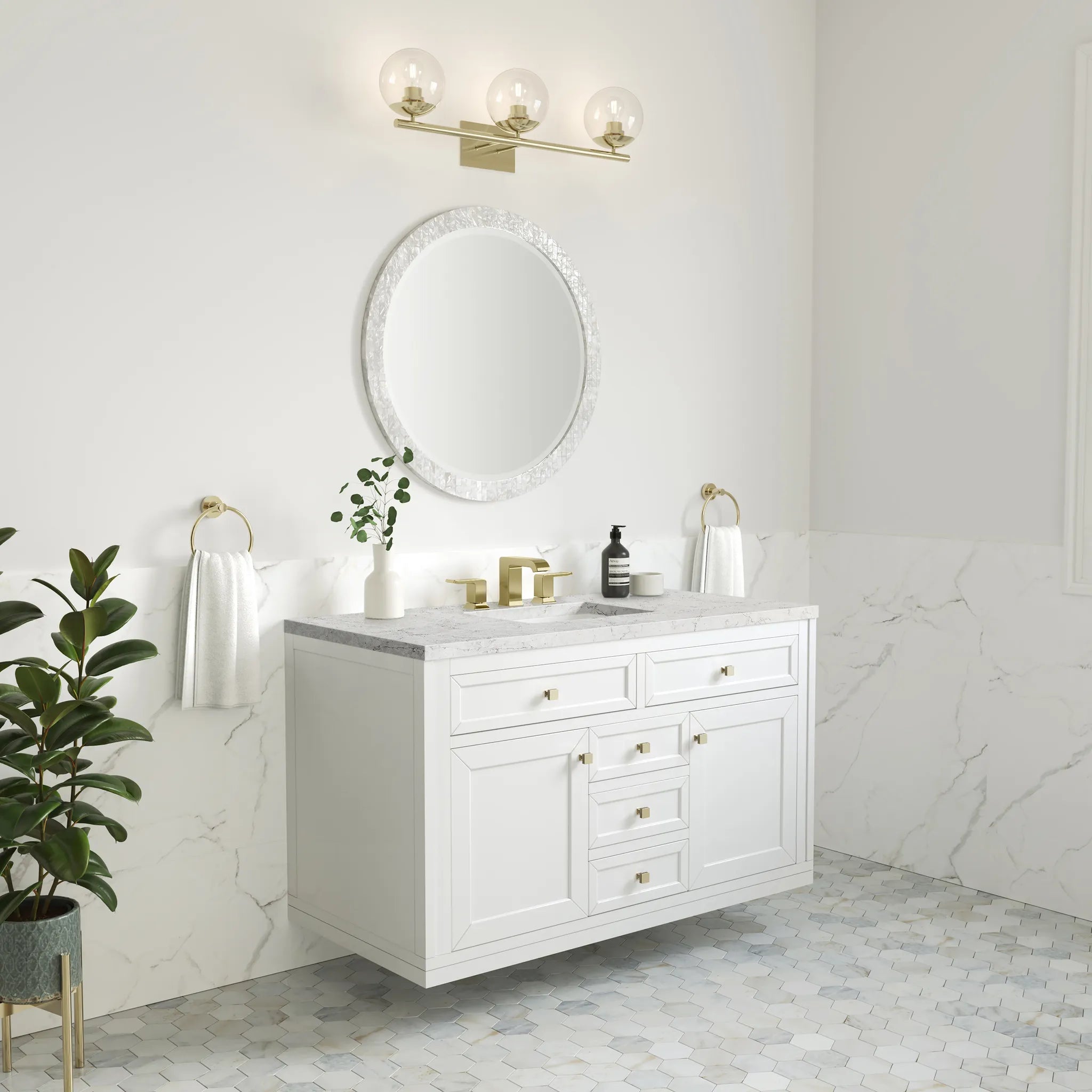 48" Chicago Single Vanity in Glossy White Wireless Charger-Eternal Jasmine Pearl Silestone-8" Widespread image 7