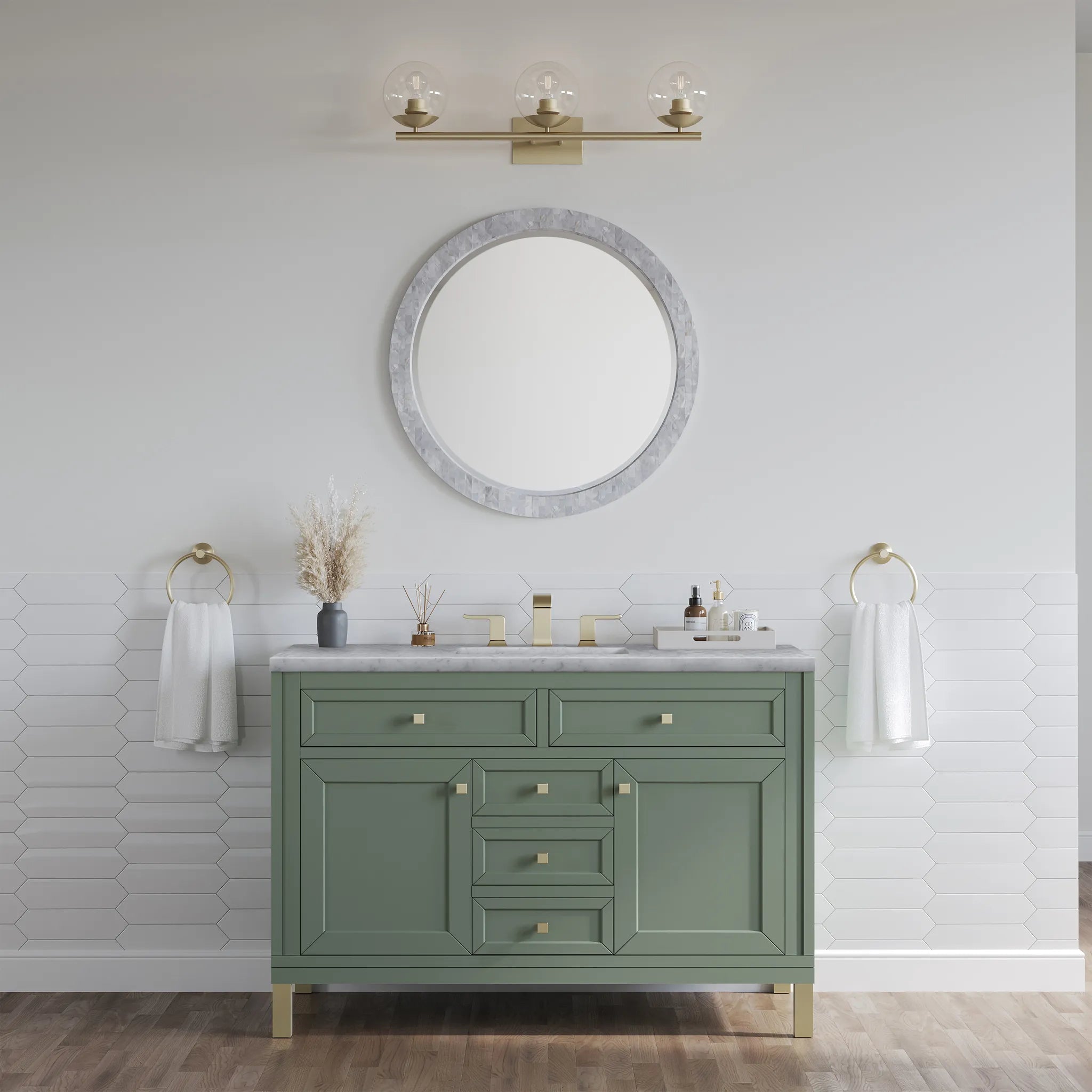 48" Chicago Single Vanity in Smokey Celadon,-Carrara White Marble-8" Widespread image 3