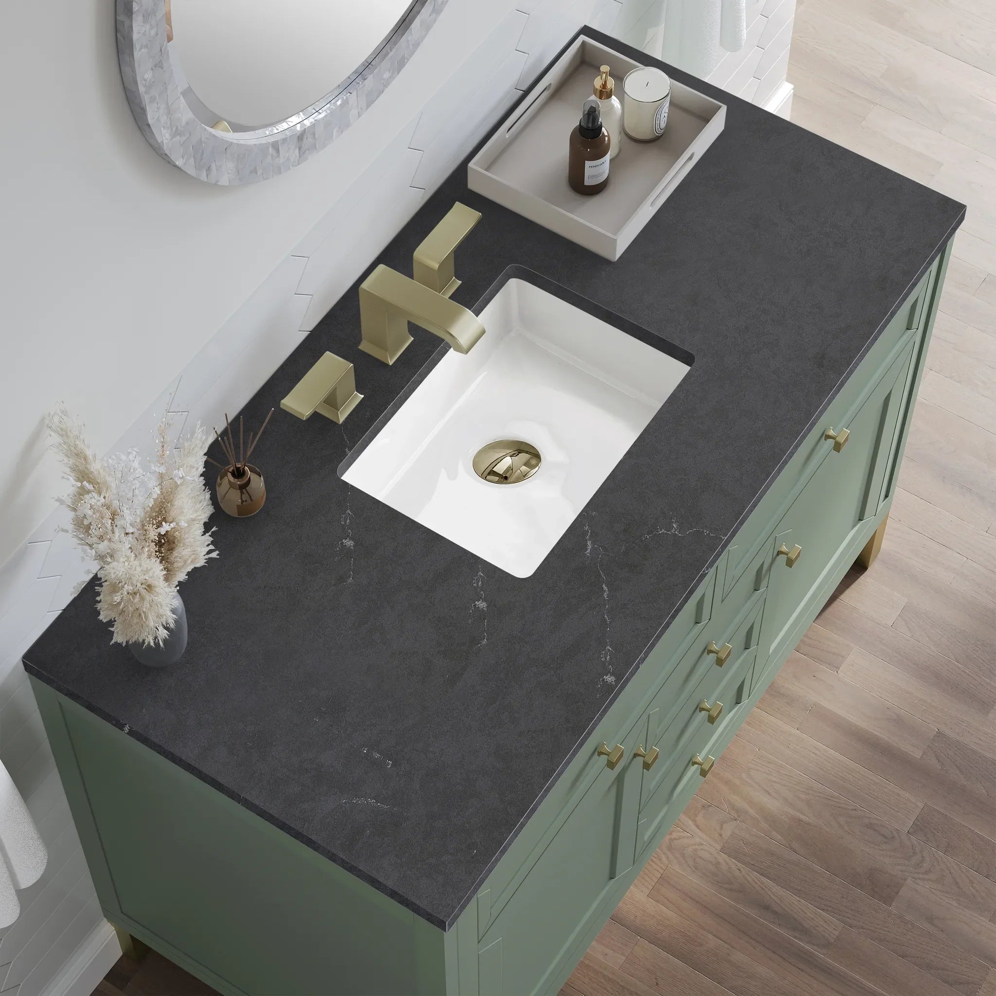 48" Chicago Single Vanity in Smokey Celadon,-Charcoal Soapstone Silestone-8" Widespread image 7